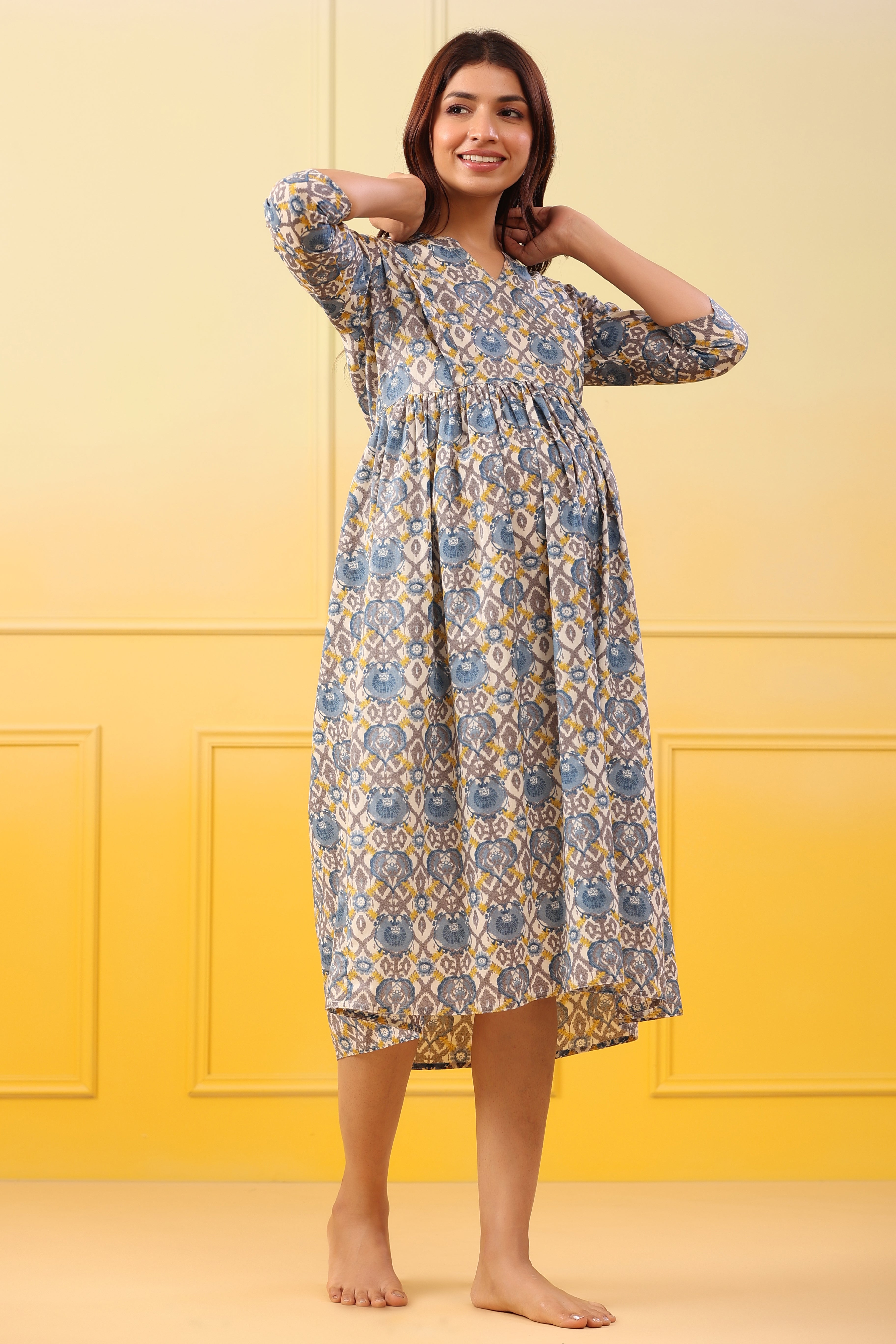 Ice Blue Cotton Maternity - Nursing Dress