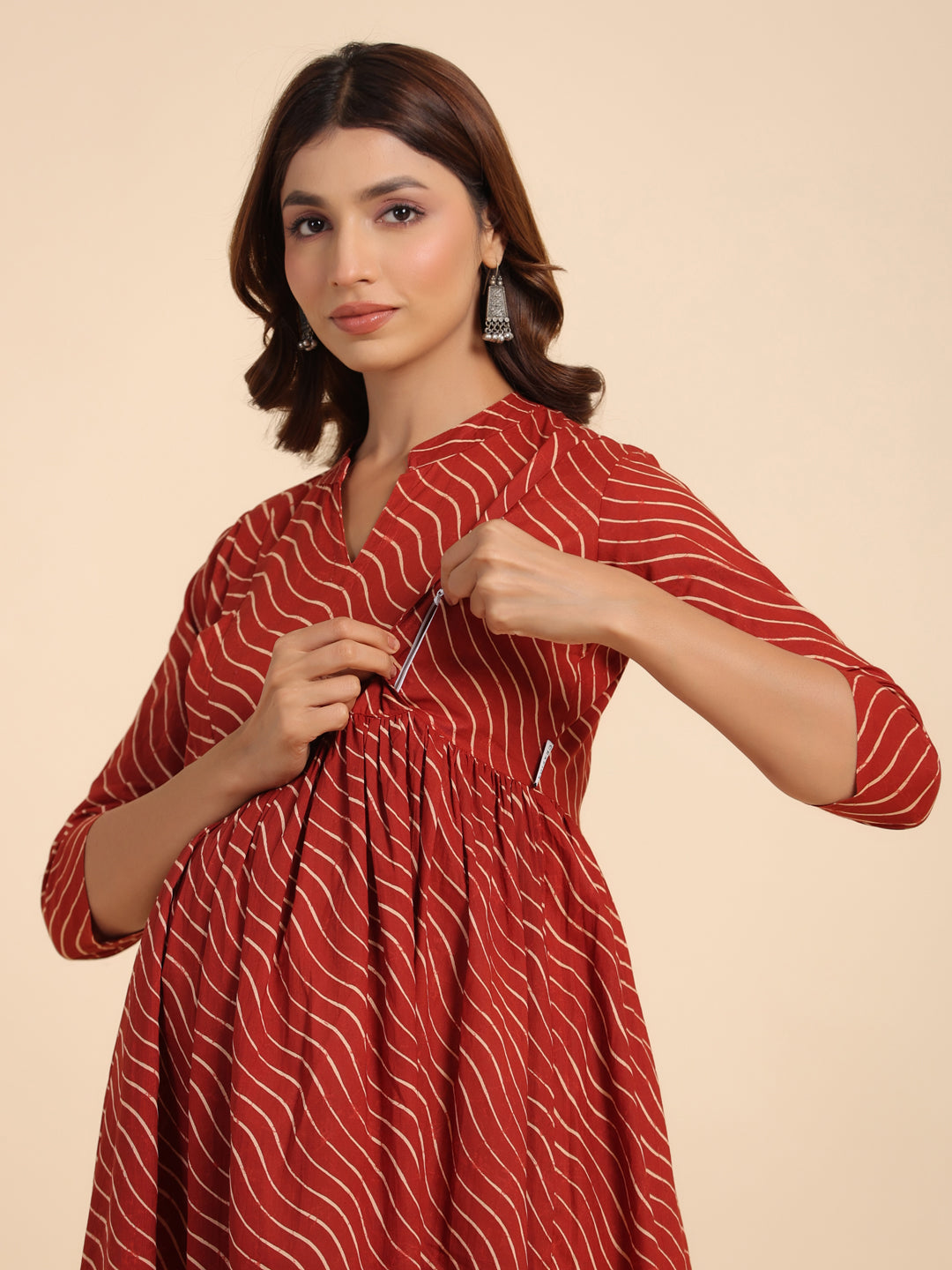 Red Pretty Wave Cotton Maternity - Nursing Kurta