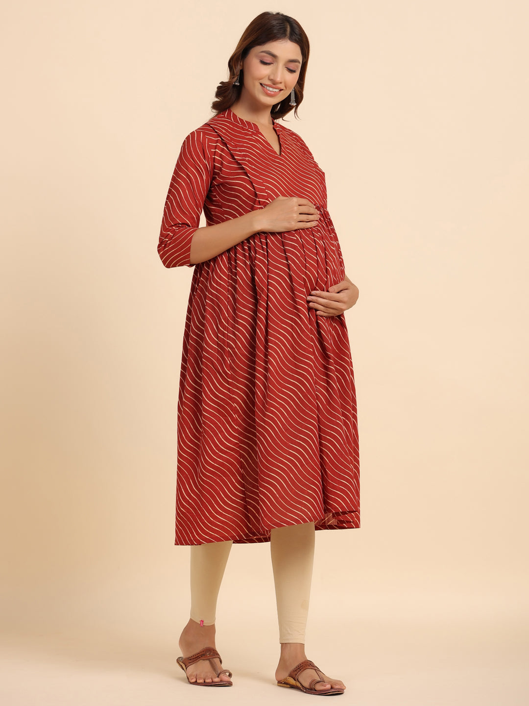 Red Pretty Wave Cotton Maternity - Nursing Kurta