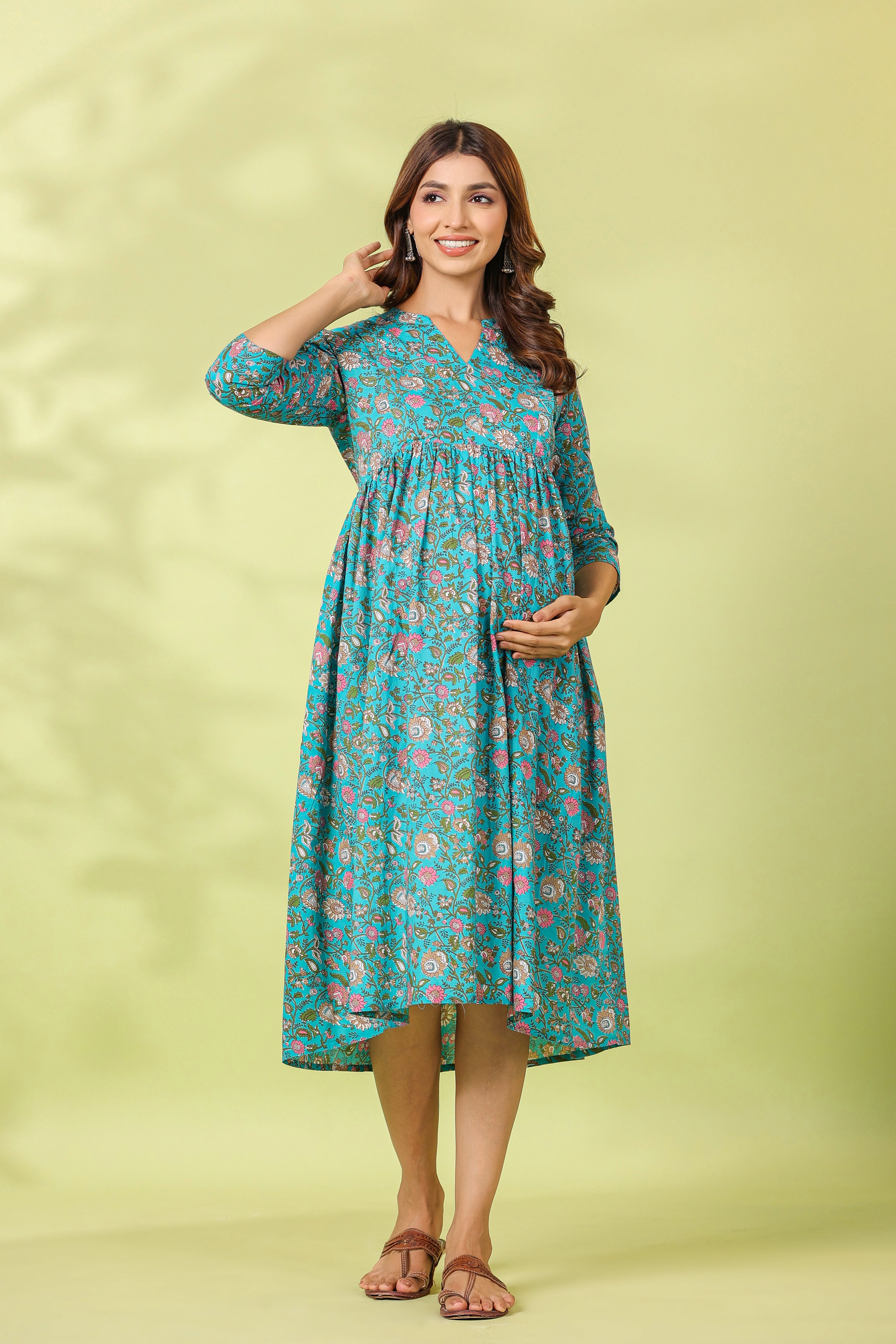 Tiffany Blue Floral Cotton Maternity - Nursing Dress