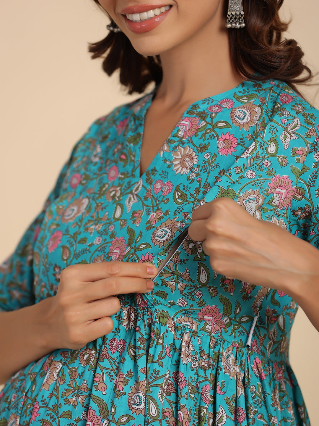 Tiffany Blue Floral Cotton Maternity - Nursing Kurta