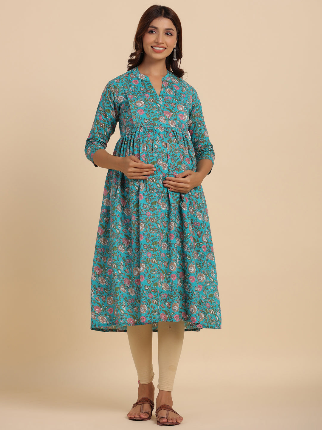 Tiffany Blue Floral Cotton Maternity - Nursing Kurta