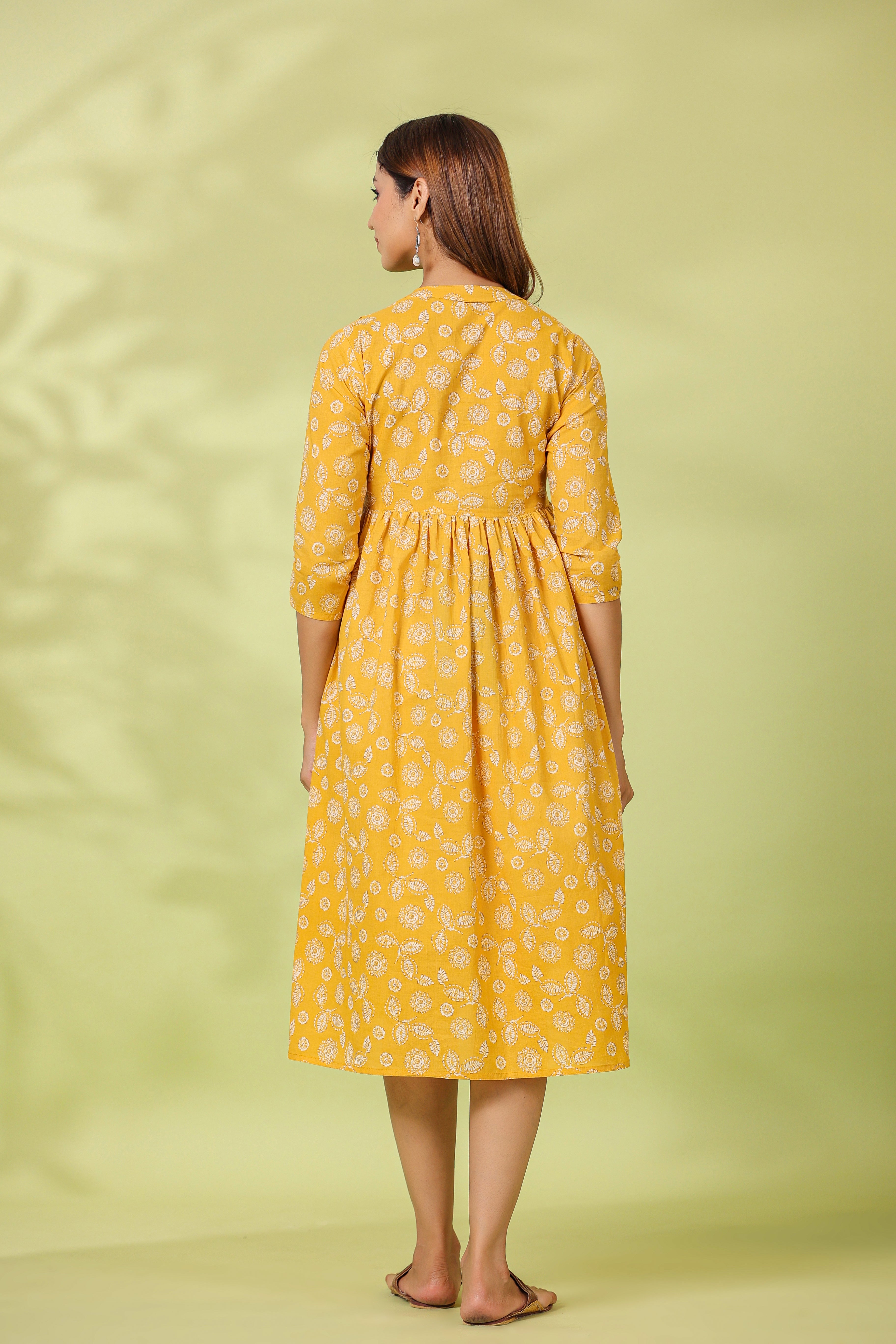 Yellow Vintage Leaf Cotton Maternity - Nursing Dress