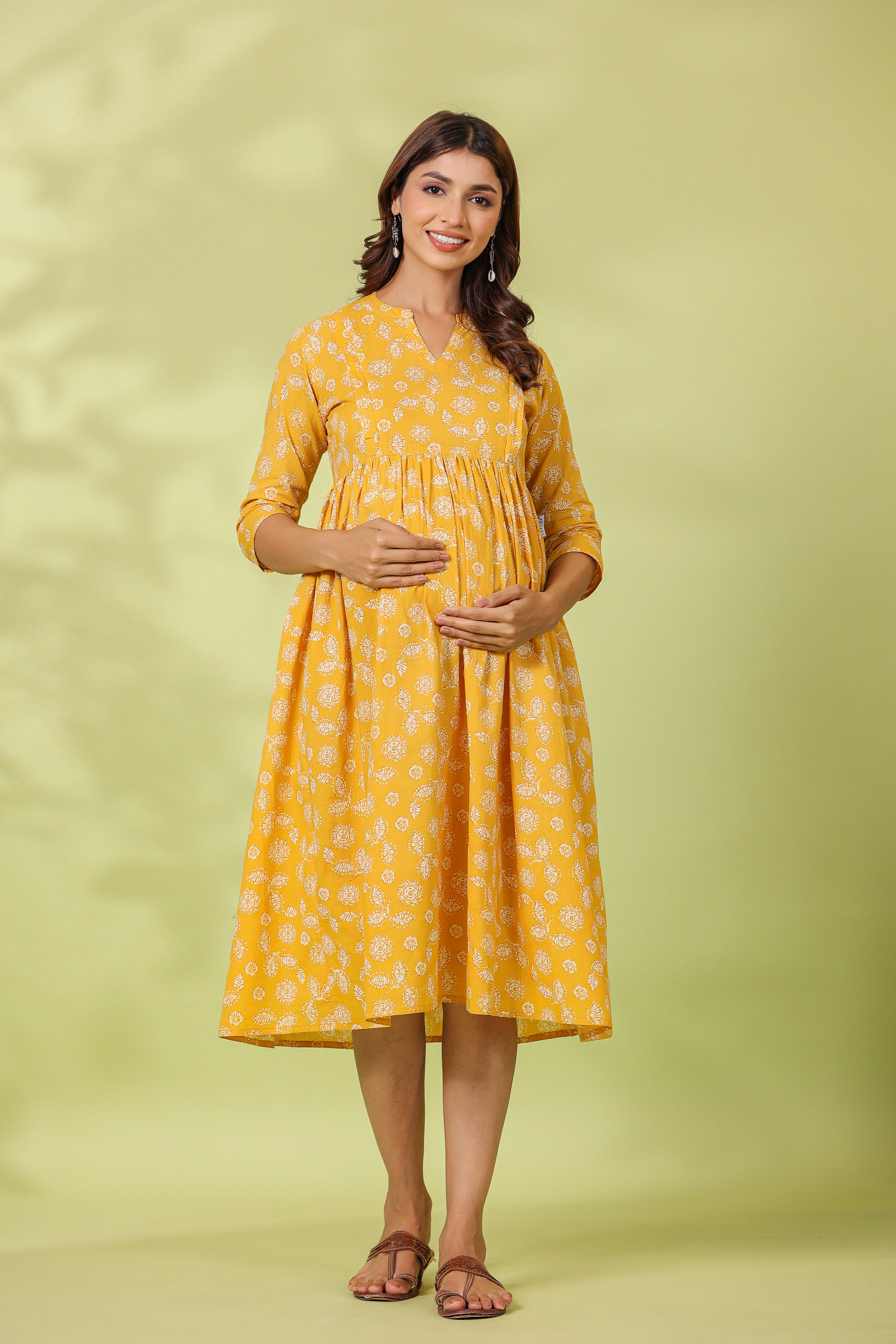Yellow Vintage Leaf Cotton Maternity - Nursing Dress