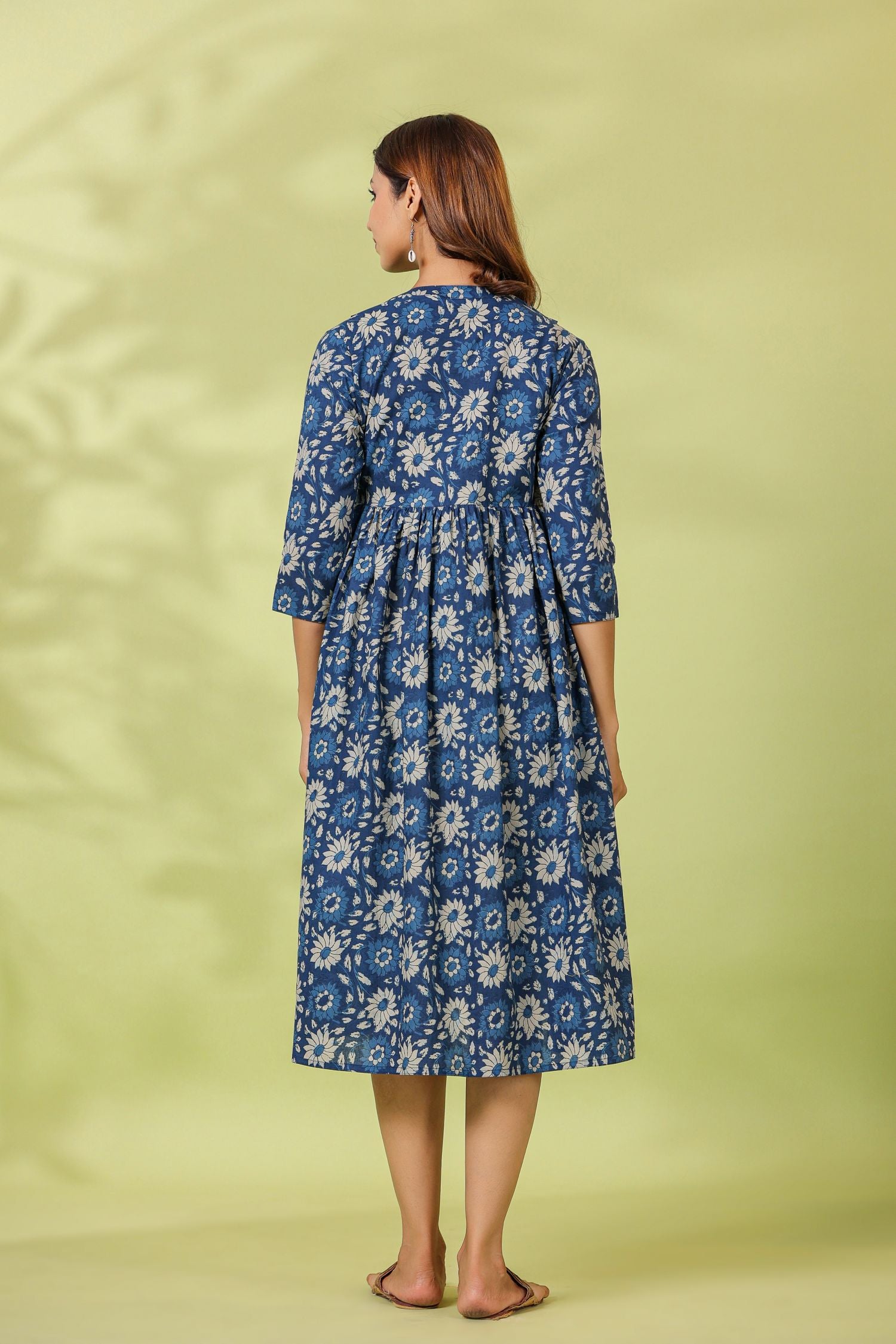 Indigo Dye Floral Cotton Maternity - Nursing Dress