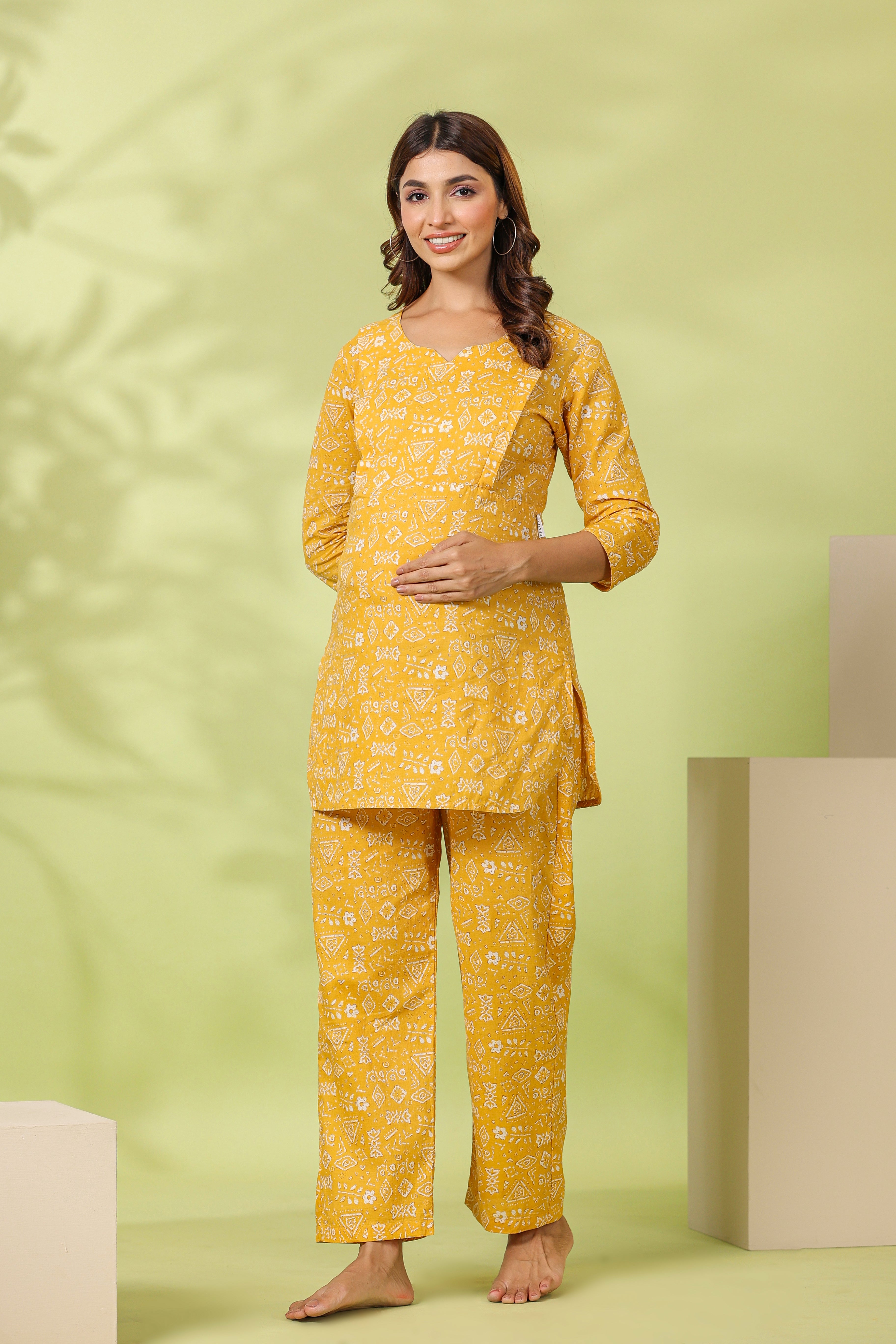 Macaroon Abstract Cotton Maternity - Nursing Co-ord Set