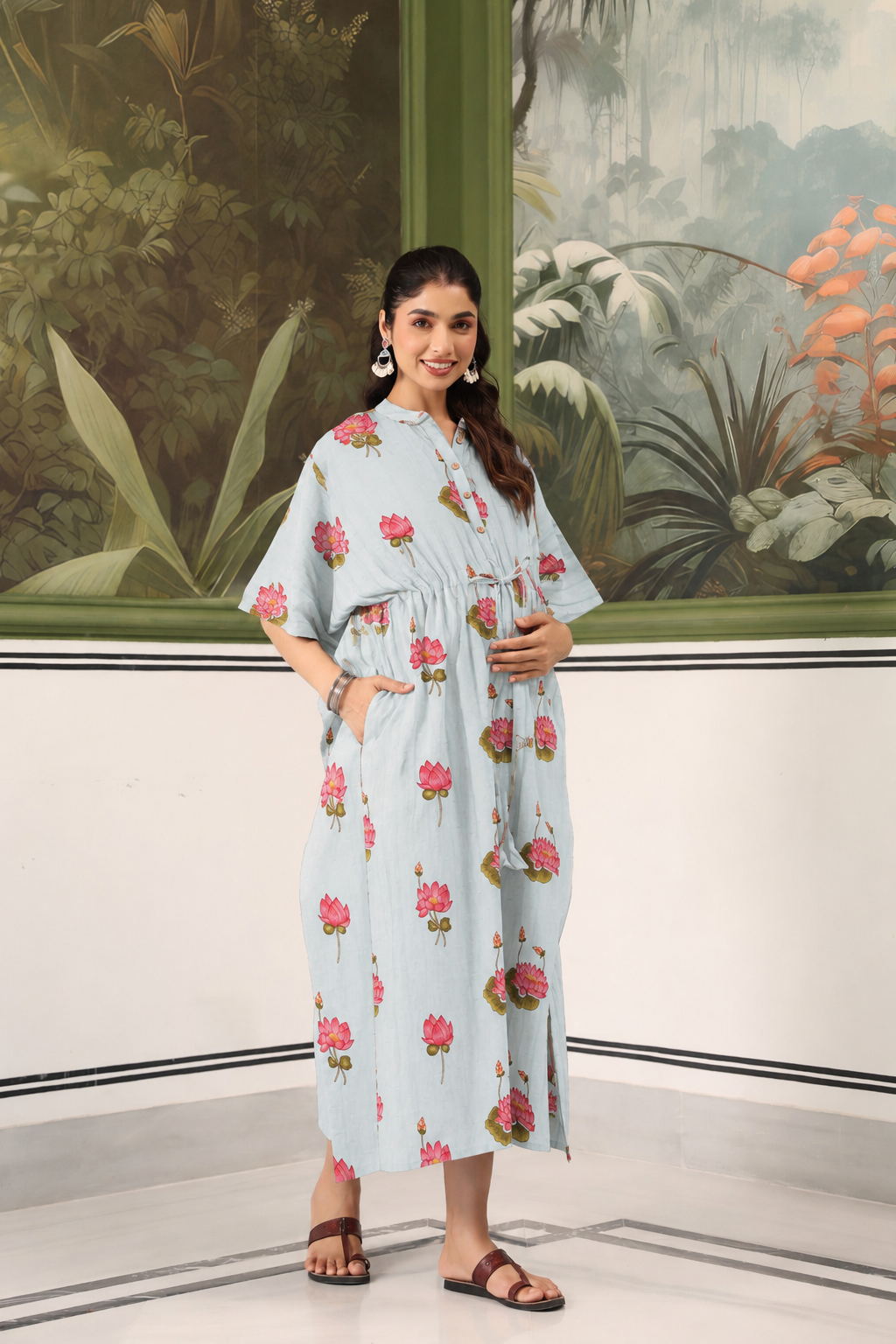 Vintage Lotus Pond Cotton Maternity - Nursing Kaftan ( One-Size )