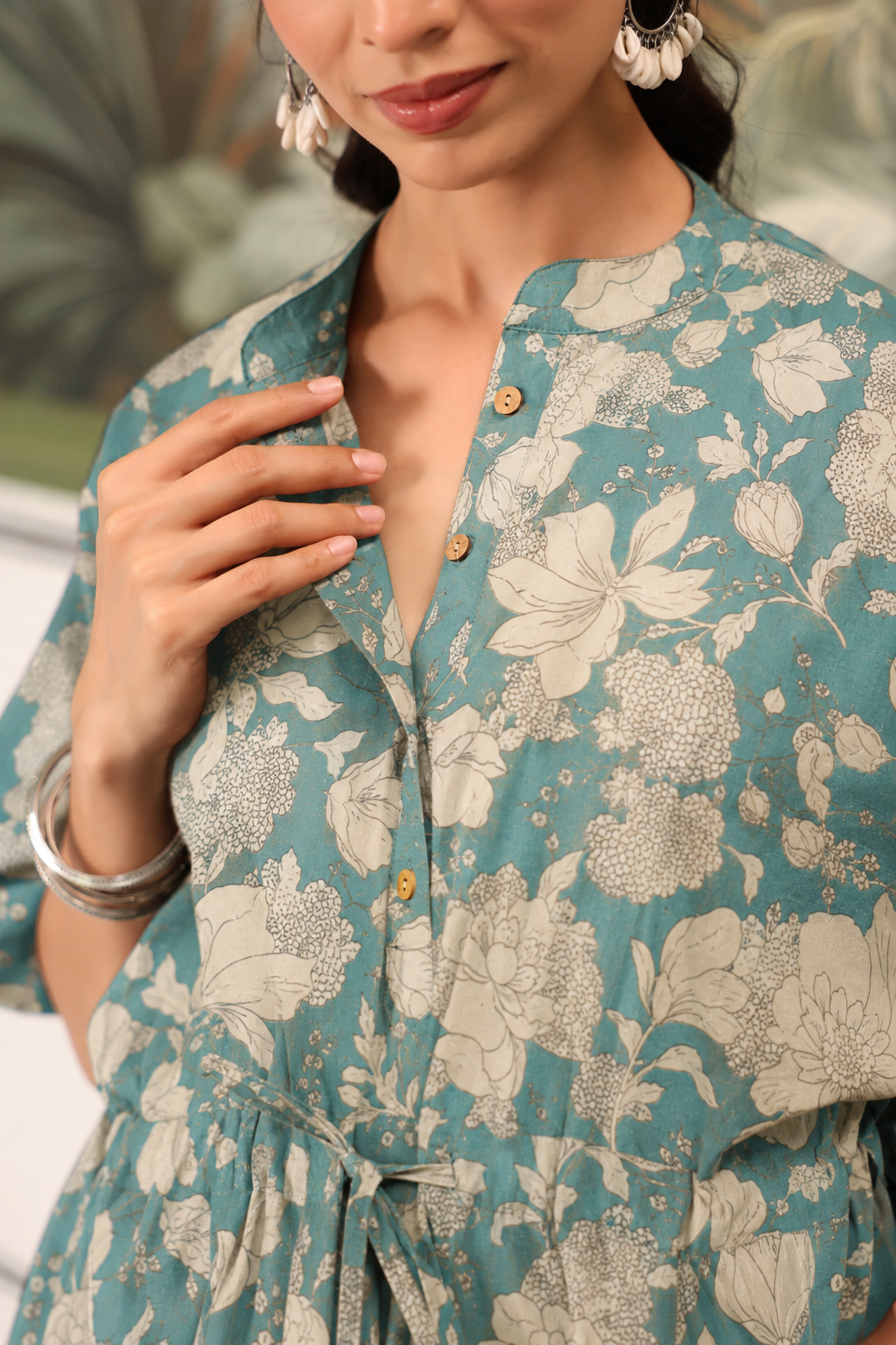 Teal Gardenia Cotton Maternity - Nursing Kaftan ( One-Size )