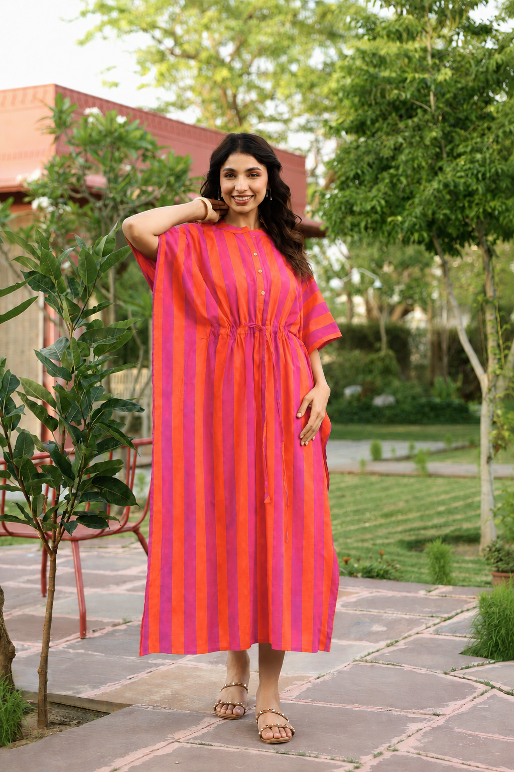 Rani Coral Stripes Cotton Kaftan ( One-Size )