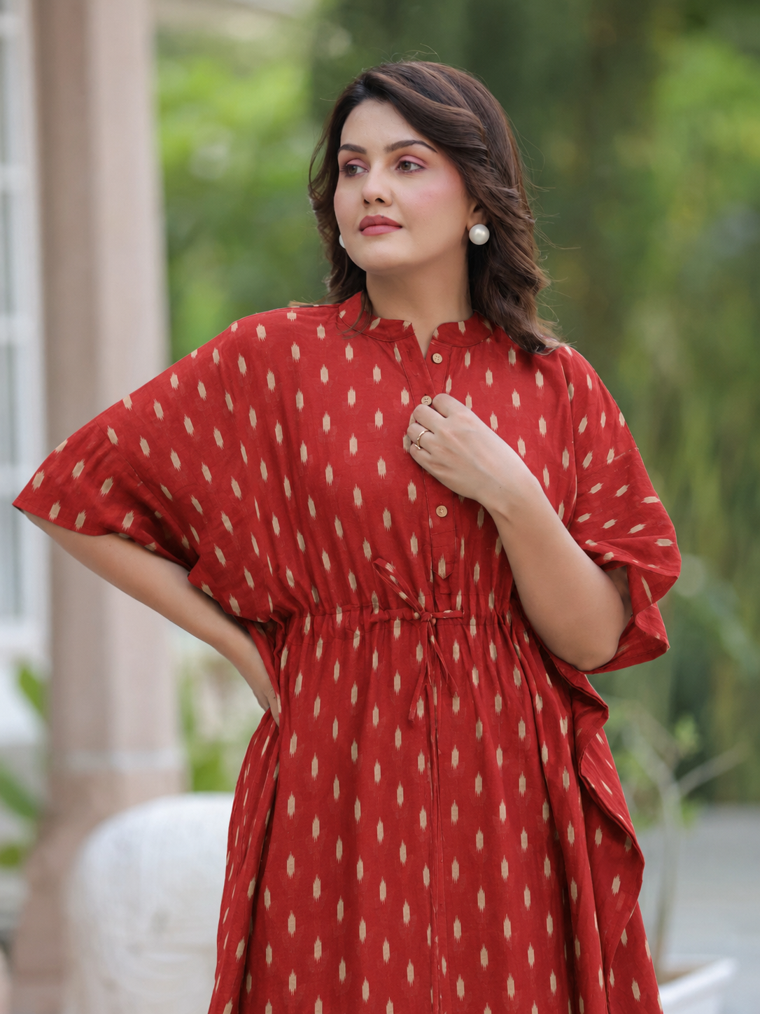 Maroon Loom Print Cotton Kaftan ( One-Size )
