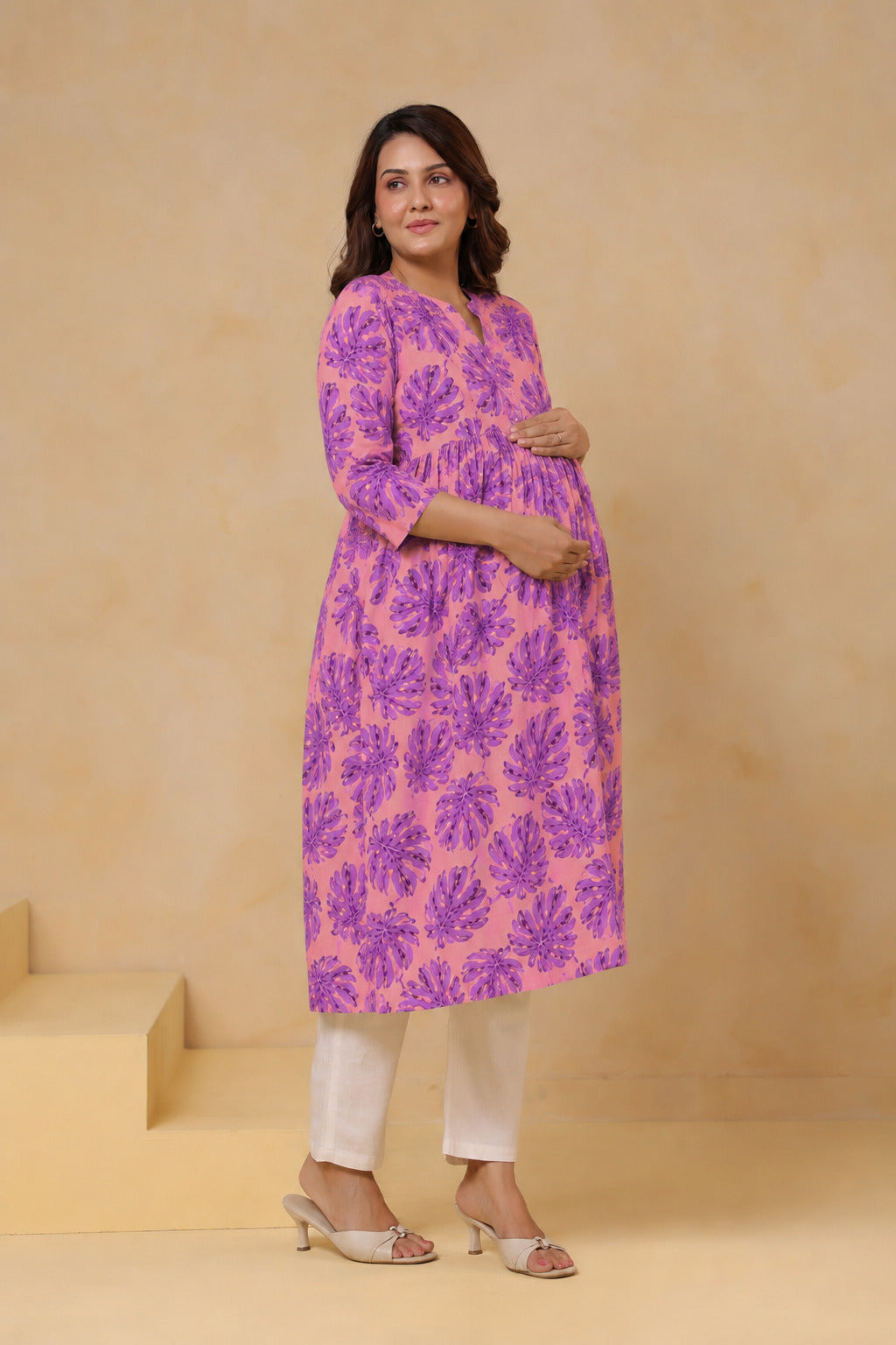 Tropical Violet Palm Cotton Maternity - Nursing Kurti