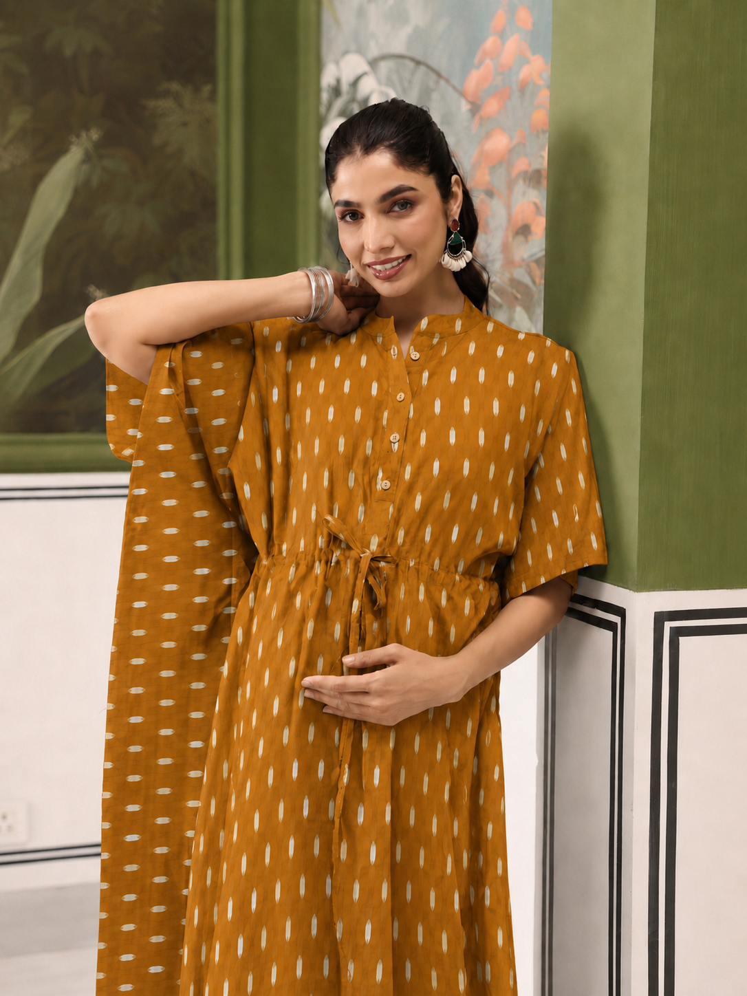 Mustard Loom Print Cotton Maternity - Nursing Kaftan ( One-Size )