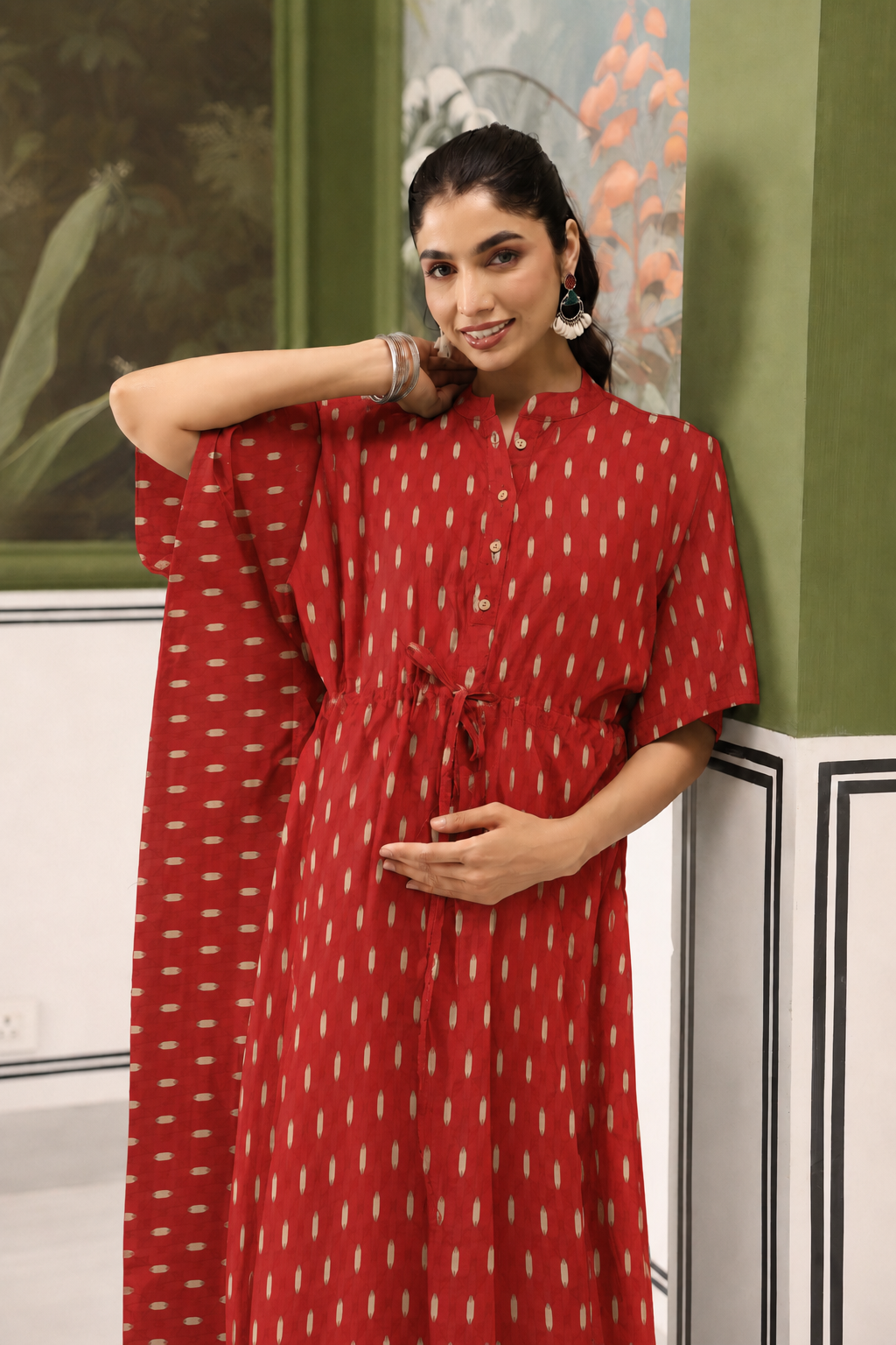 Maroon Loom Print Cotton Maternity - Nursing Kaftan ( One-Size )