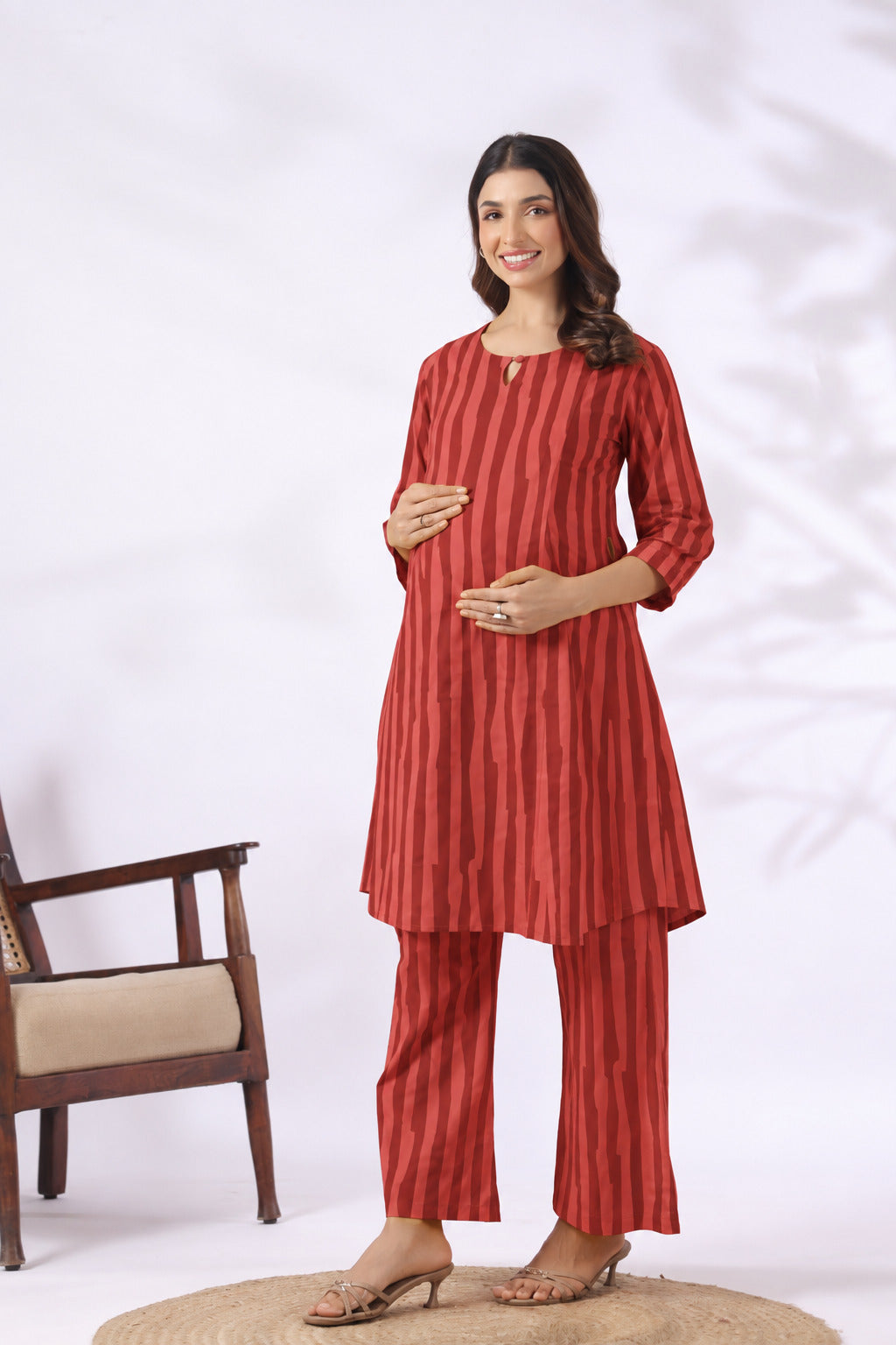 Rust Abstract Stripe Cotton Maternity - Nursing Co-ord Set