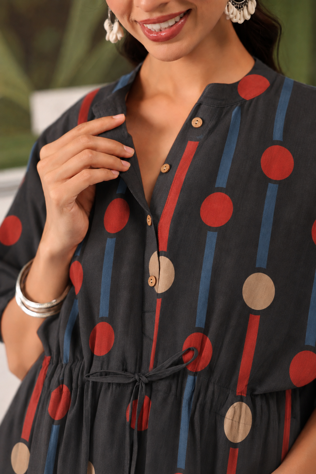 Black Geometric Ajrakh Cotton Maternity - Nursing Kaftan ( One-Size )