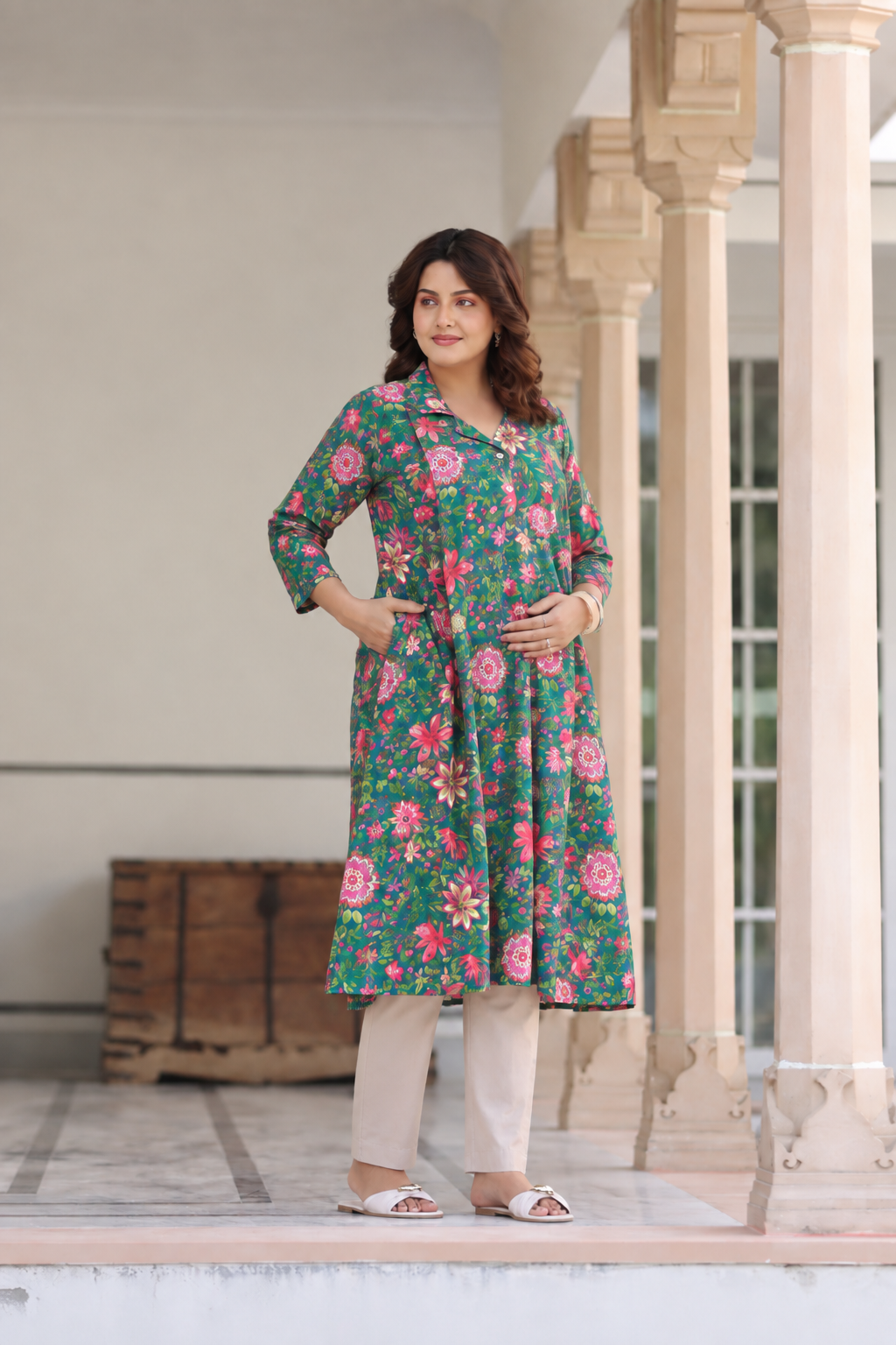 Emerald Bloom Cotton Maternity - Nursing Kurti