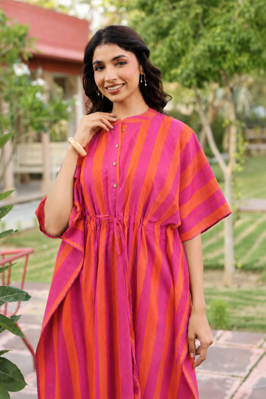 Rani Coral Stripes Cotton Kaftan ( One-Size )