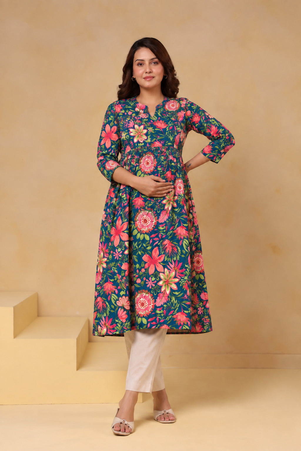 Teal Blossom Garden Cotton Maternity - Nursing Kurti