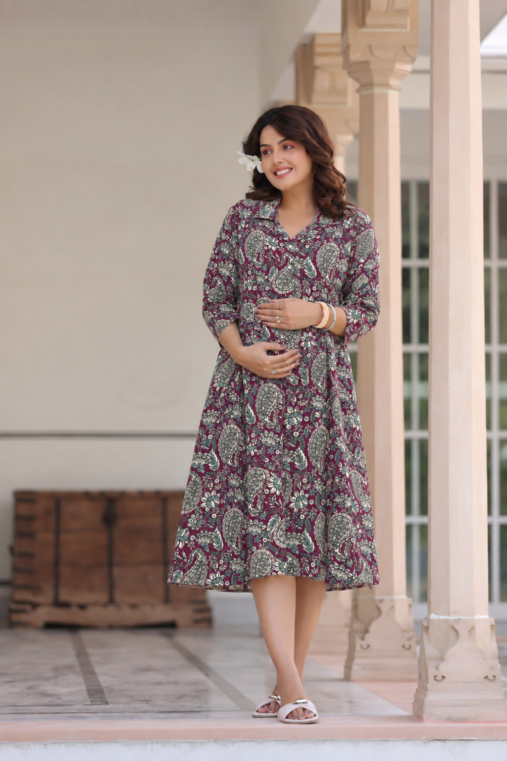Burgundy Jaal Cotton Maternity - Nursing Dress