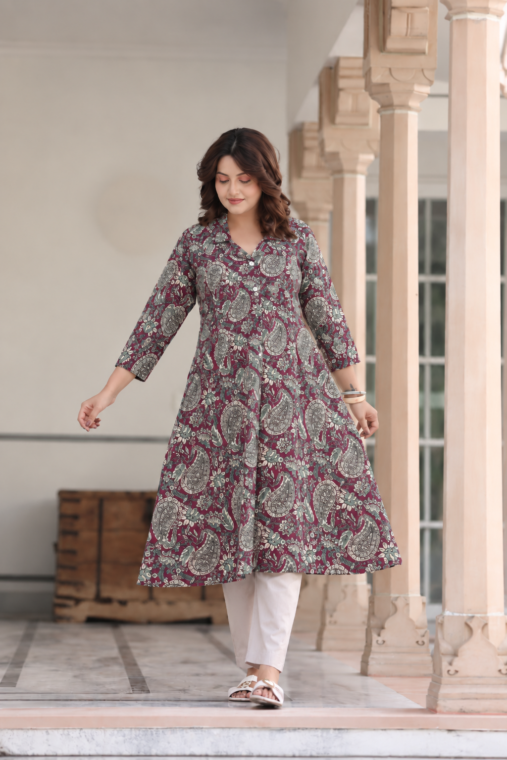 Burgundy Jaal Cotton Maternity - Nursing Kurti