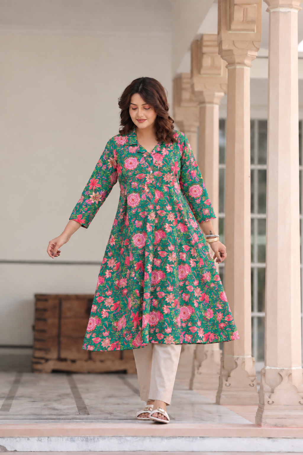 Emerald Bloom Cotton Maternity - Nursing Kurti