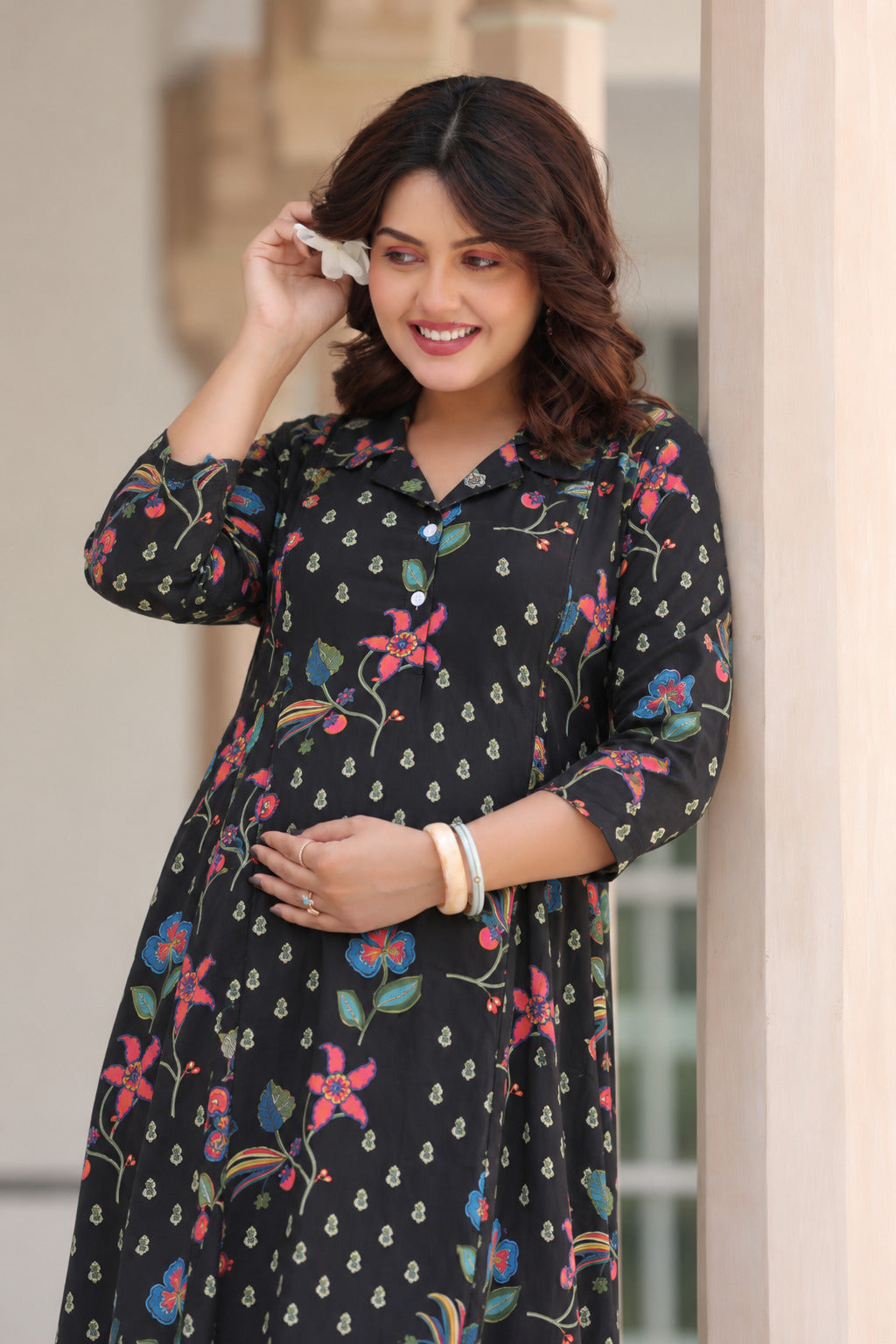 Wildflower Noir Cotton Maternity - Nursing Dress