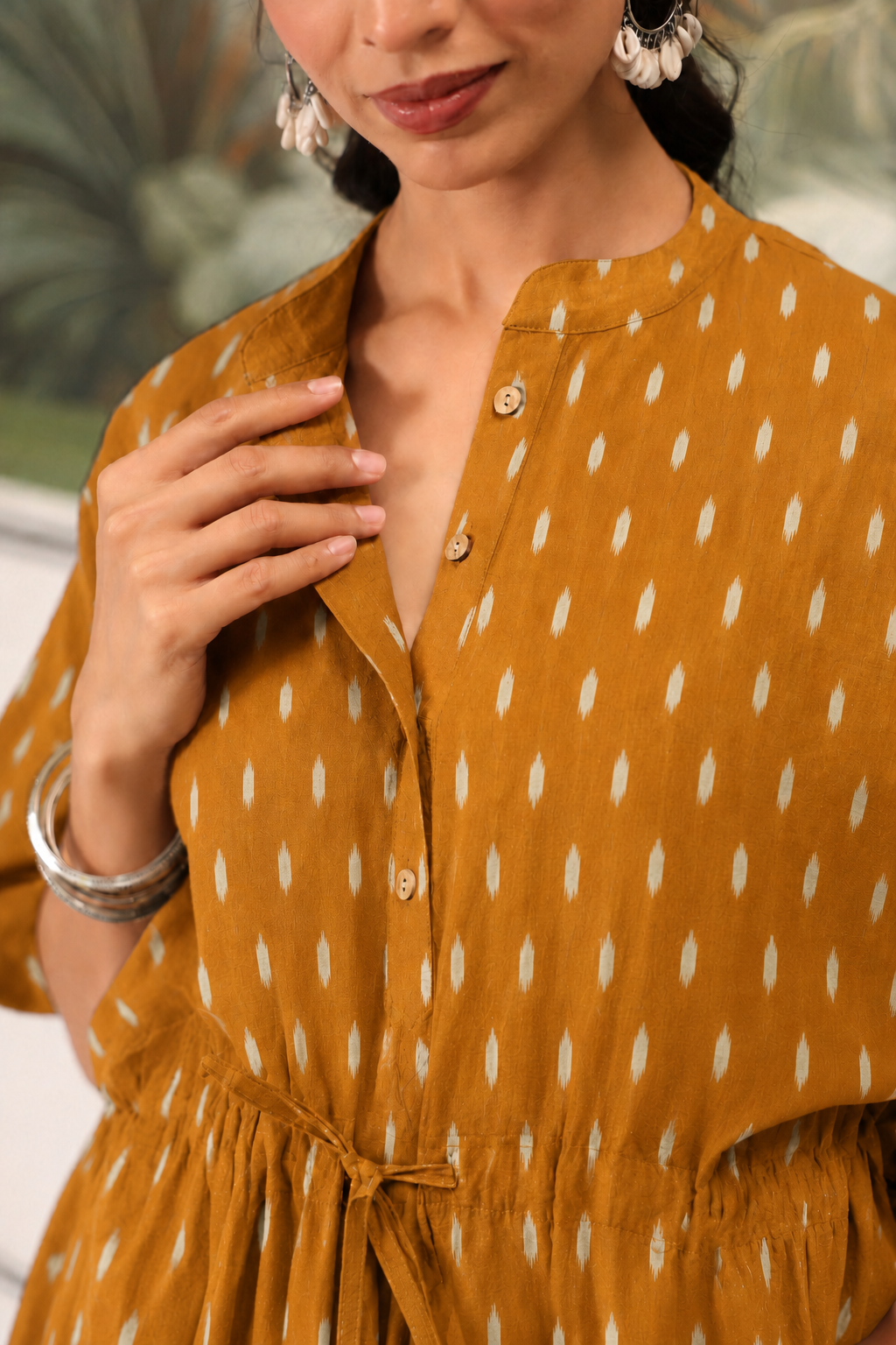 Mustard Loom Print Cotton Maternity - Nursing Kaftan ( One-Size )