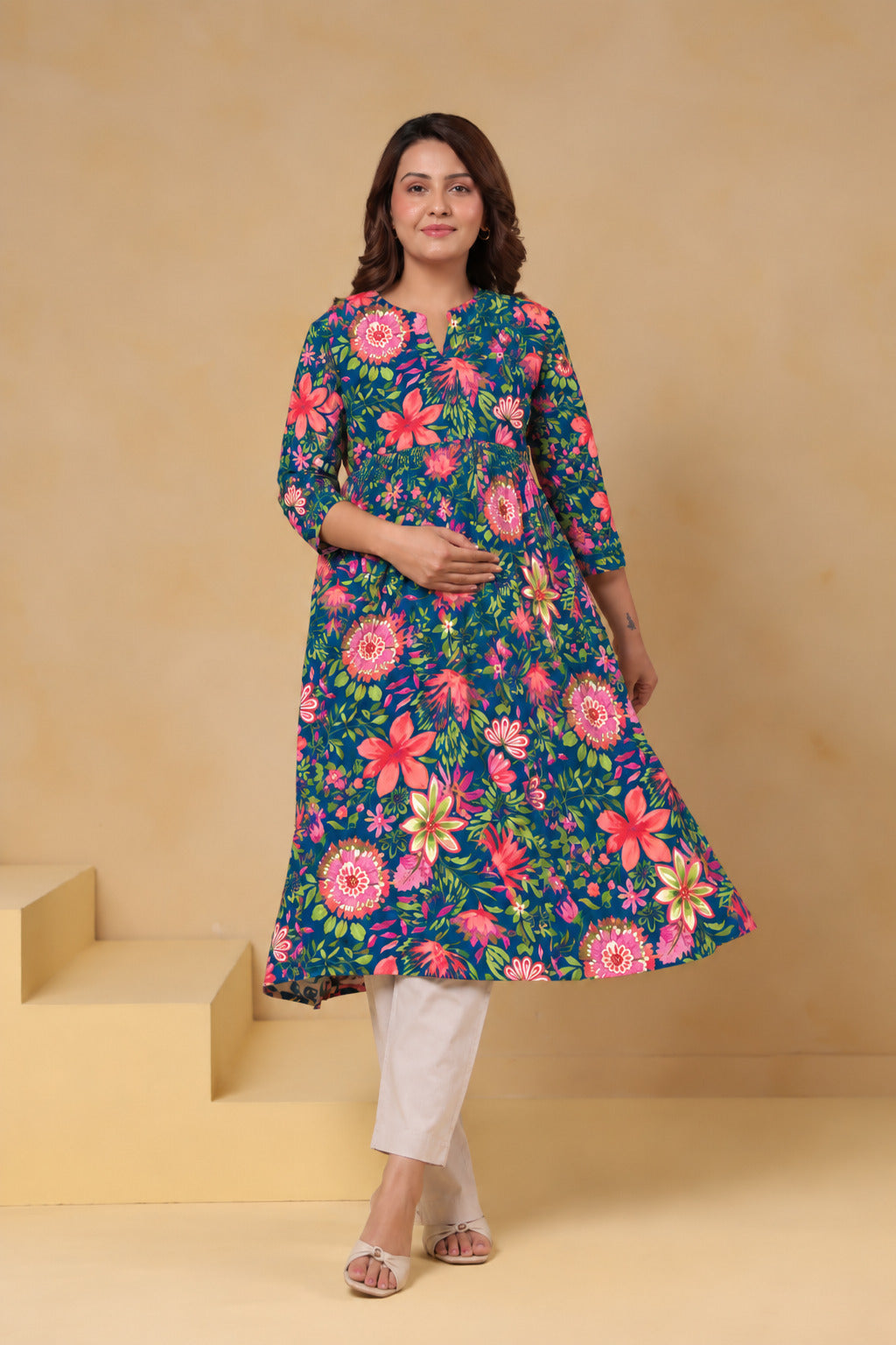 Teal Blossom Garden Cotton Maternity - Nursing Kurti