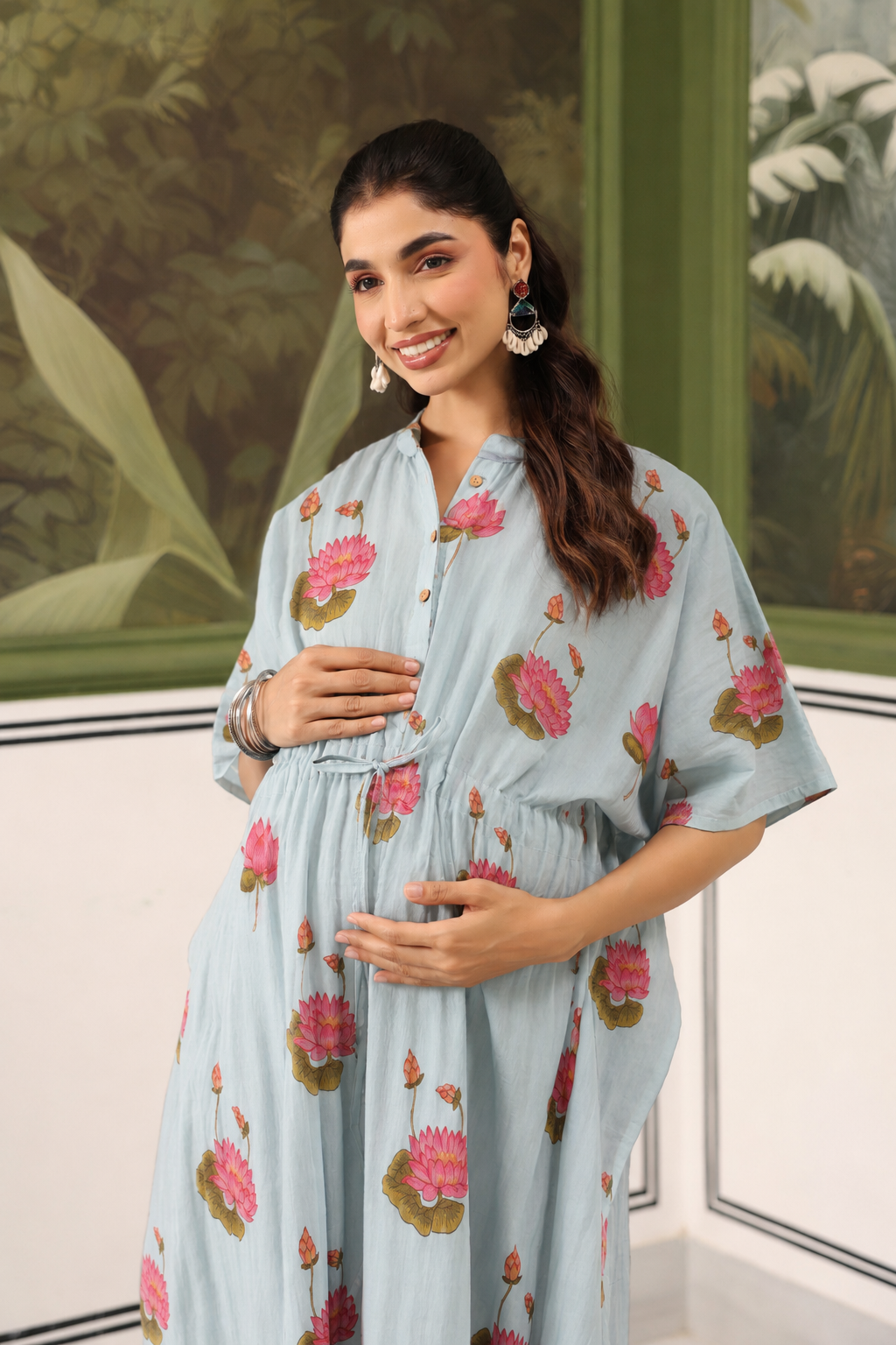 Vintage Lotus Pond Cotton Maternity - Nursing Kaftan ( One-Size )