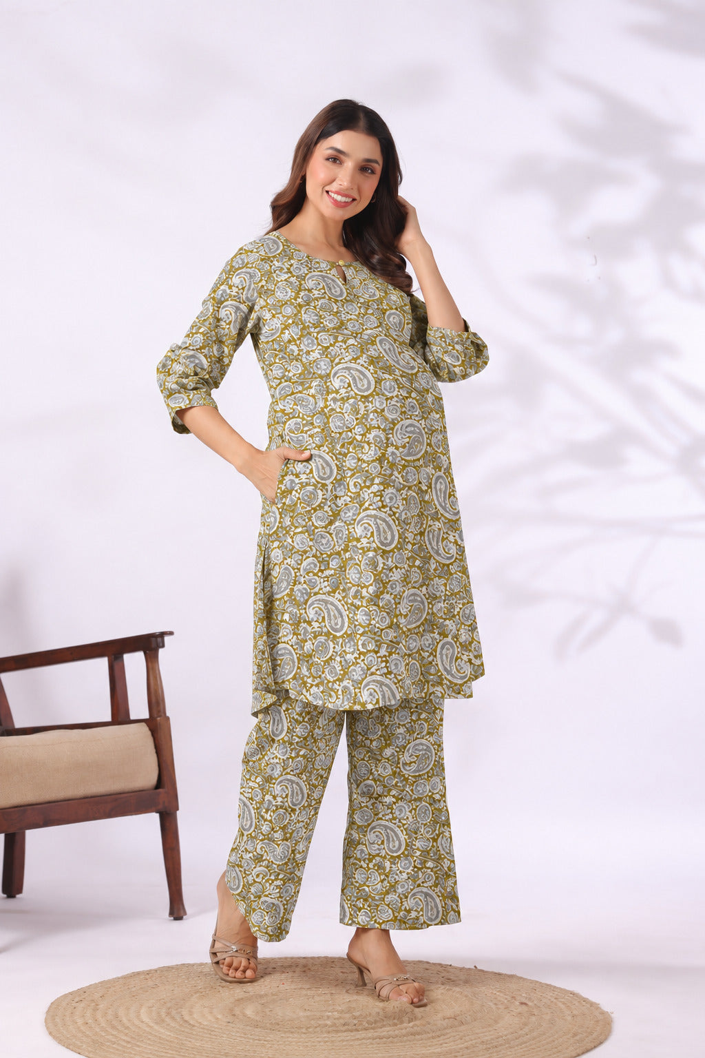 Olive Paisley Cotton Maternity - Nursing Co-ord Set