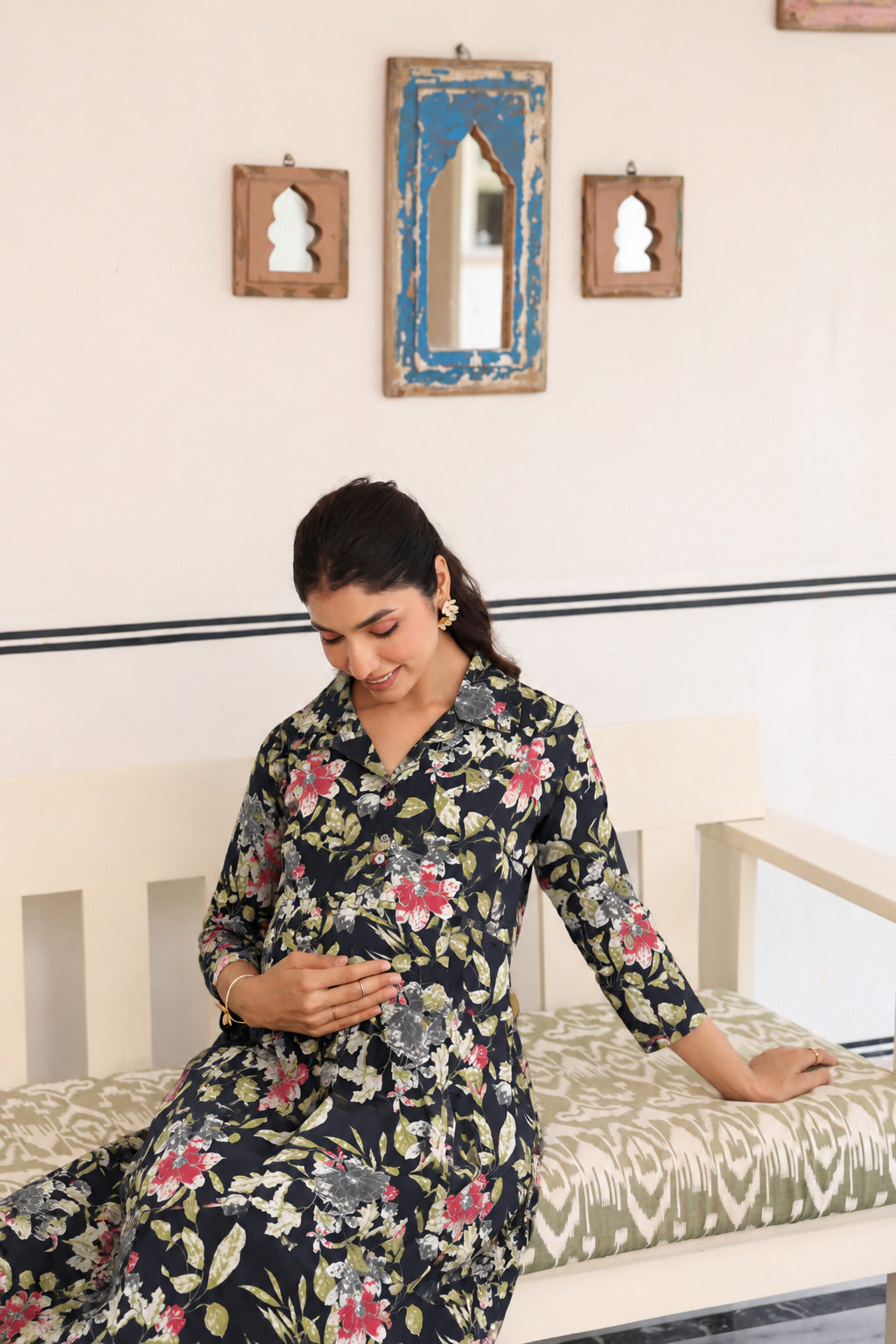 Black Garden Bloom Cotton Maternity - Nursing Dress