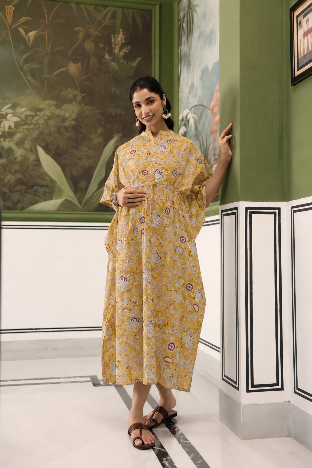 Wildflower Gold Cotton Maternity - Nursing Kaftan ( One-Size )