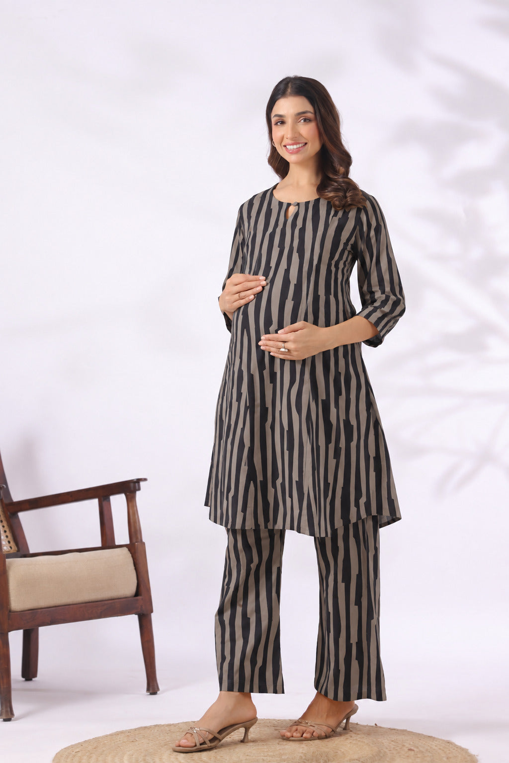 Black Grey Abstract Stripe Cotton Maternity - Nursing Co-ord Set