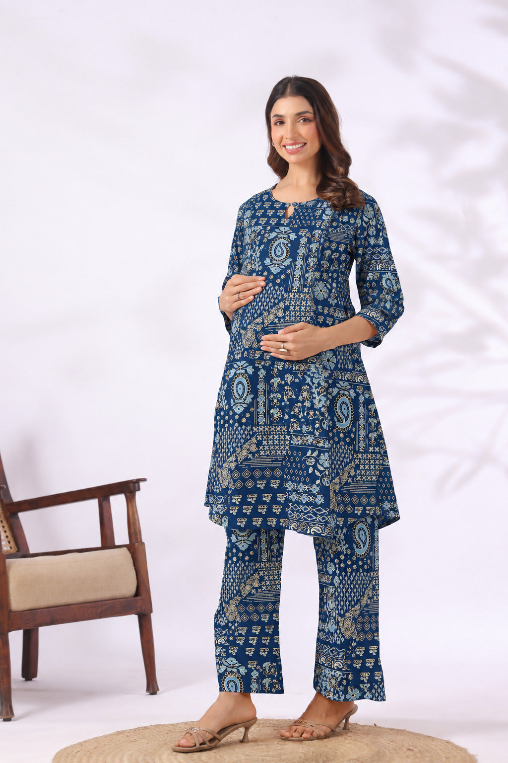 Indigo Folk Patch Cotton Maternity - Nursing Co-ord Set
