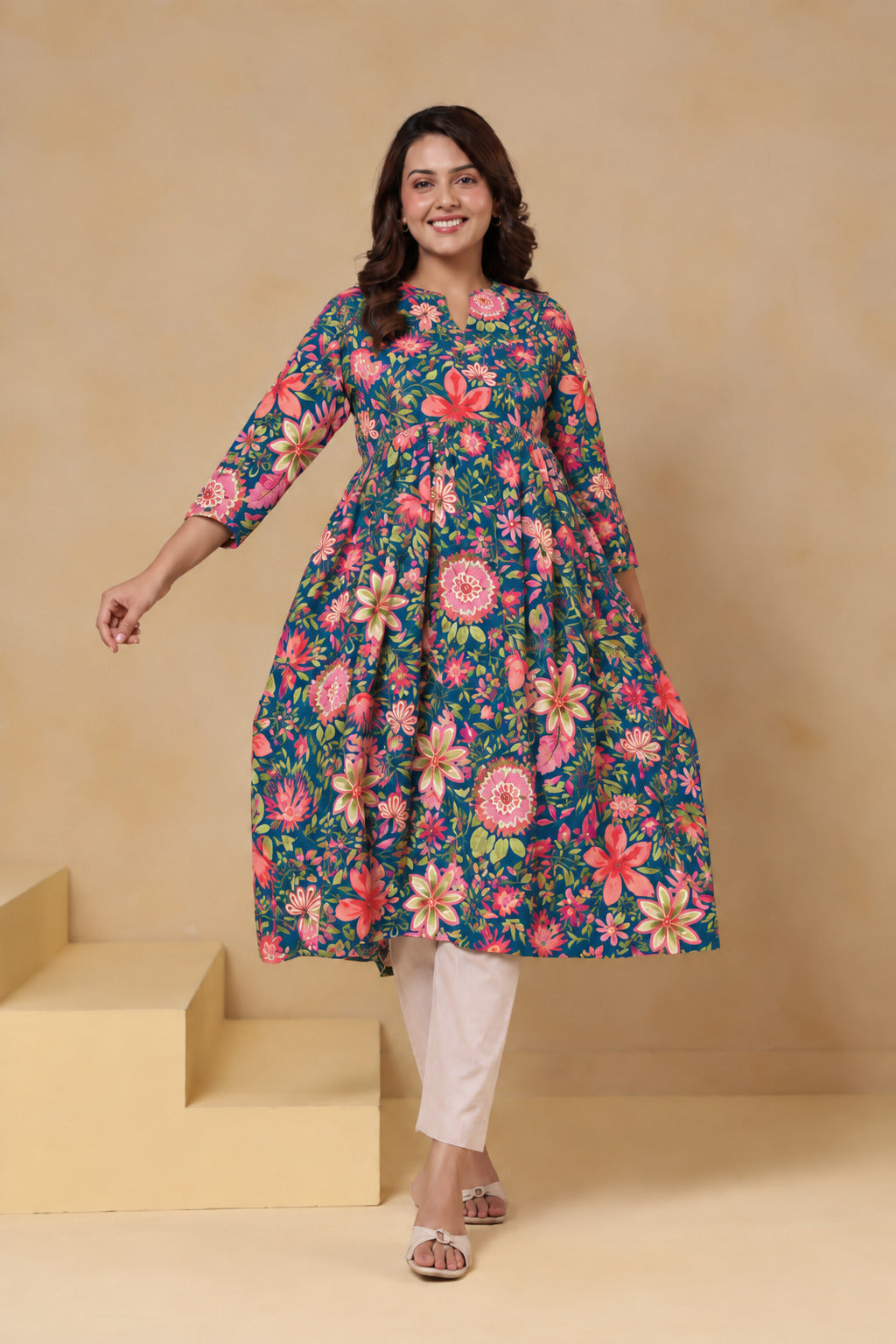 Teal Blossom Garden Cotton Maternity - Nursing Kurti