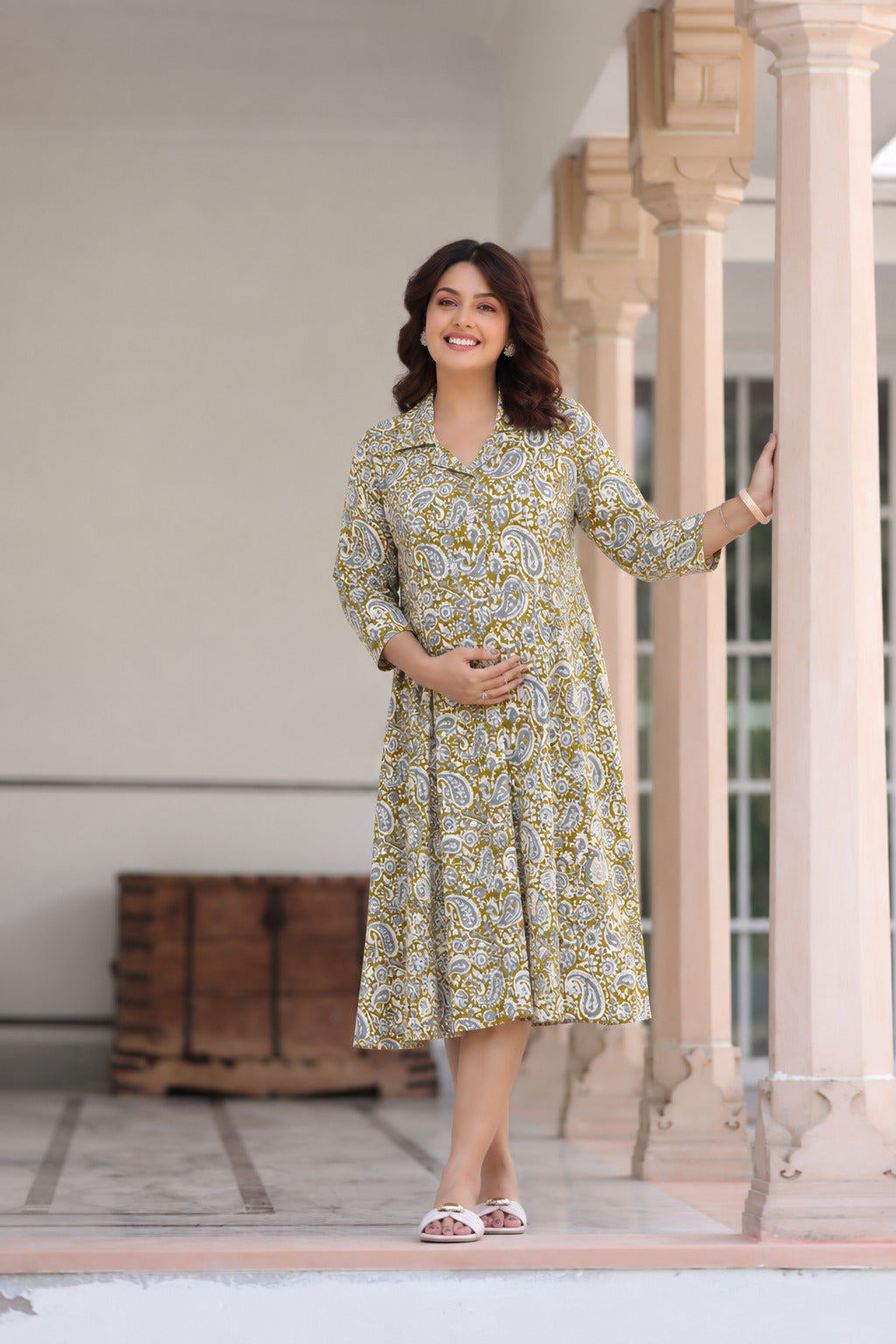 Olive Paisley Cotton Maternity - Nursing Dress