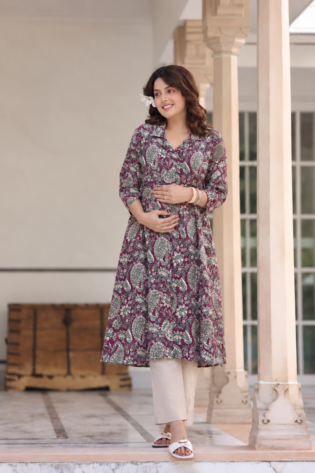 Burgundy Jaal Cotton Maternity - Nursing Kurti