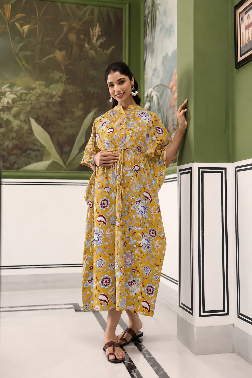 Wildflower Gold Cotton Maternity - Nursing Kaftan ( One-Size )