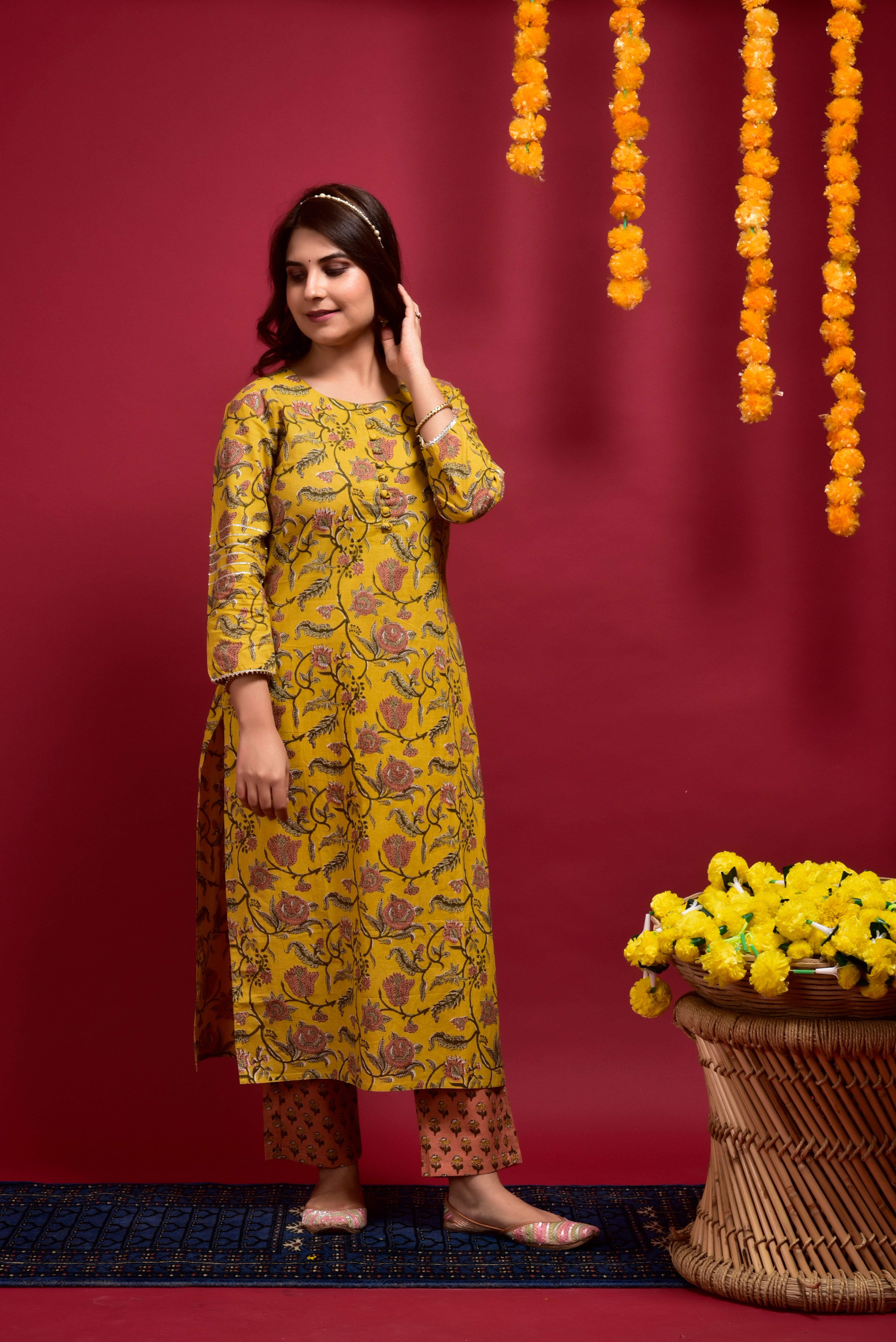 Goldenrod Jaal Cotton Kurta Pant Set