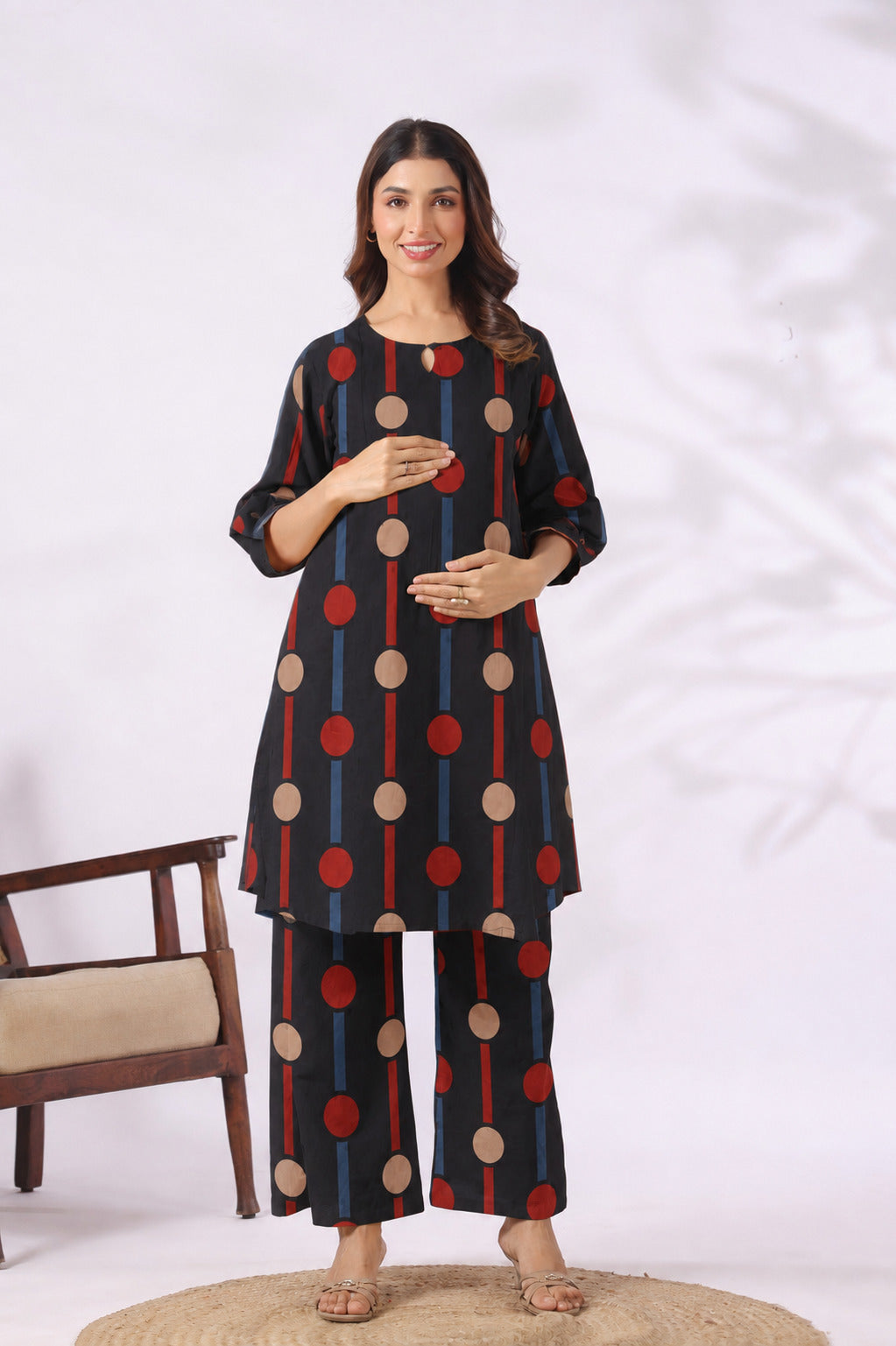 Black Geometric Ajrakh Cotton Maternity - Nursing Co-ord Set