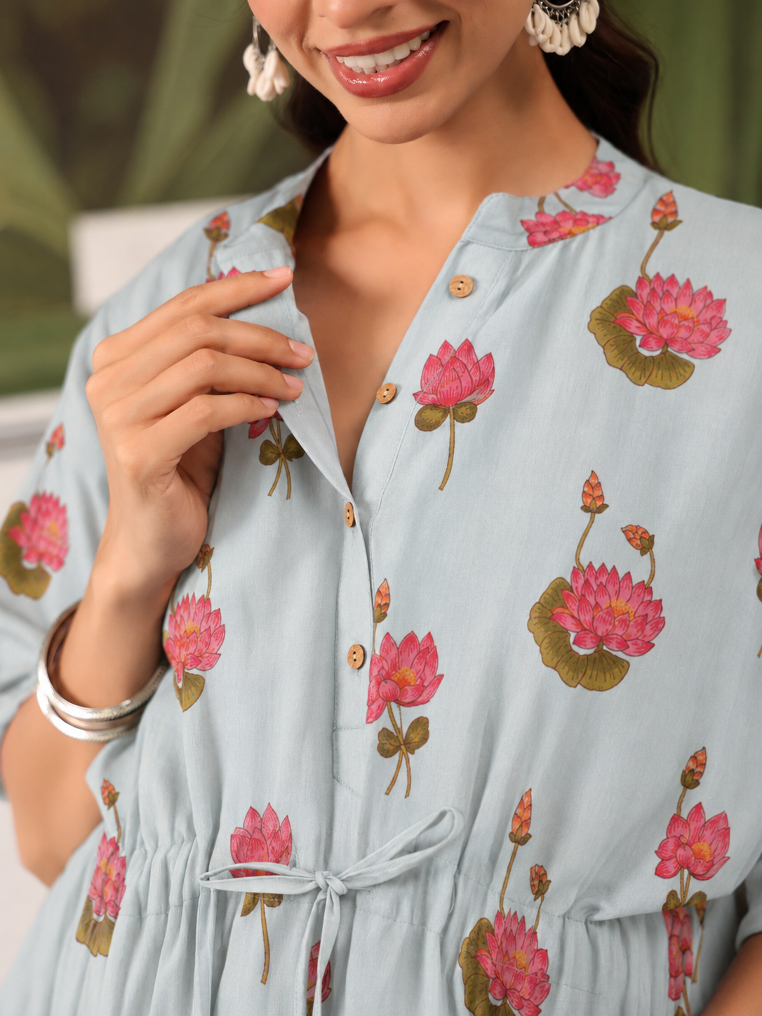 Vintage Lotus Pond Cotton Maternity - Nursing Kaftan ( One-Size )