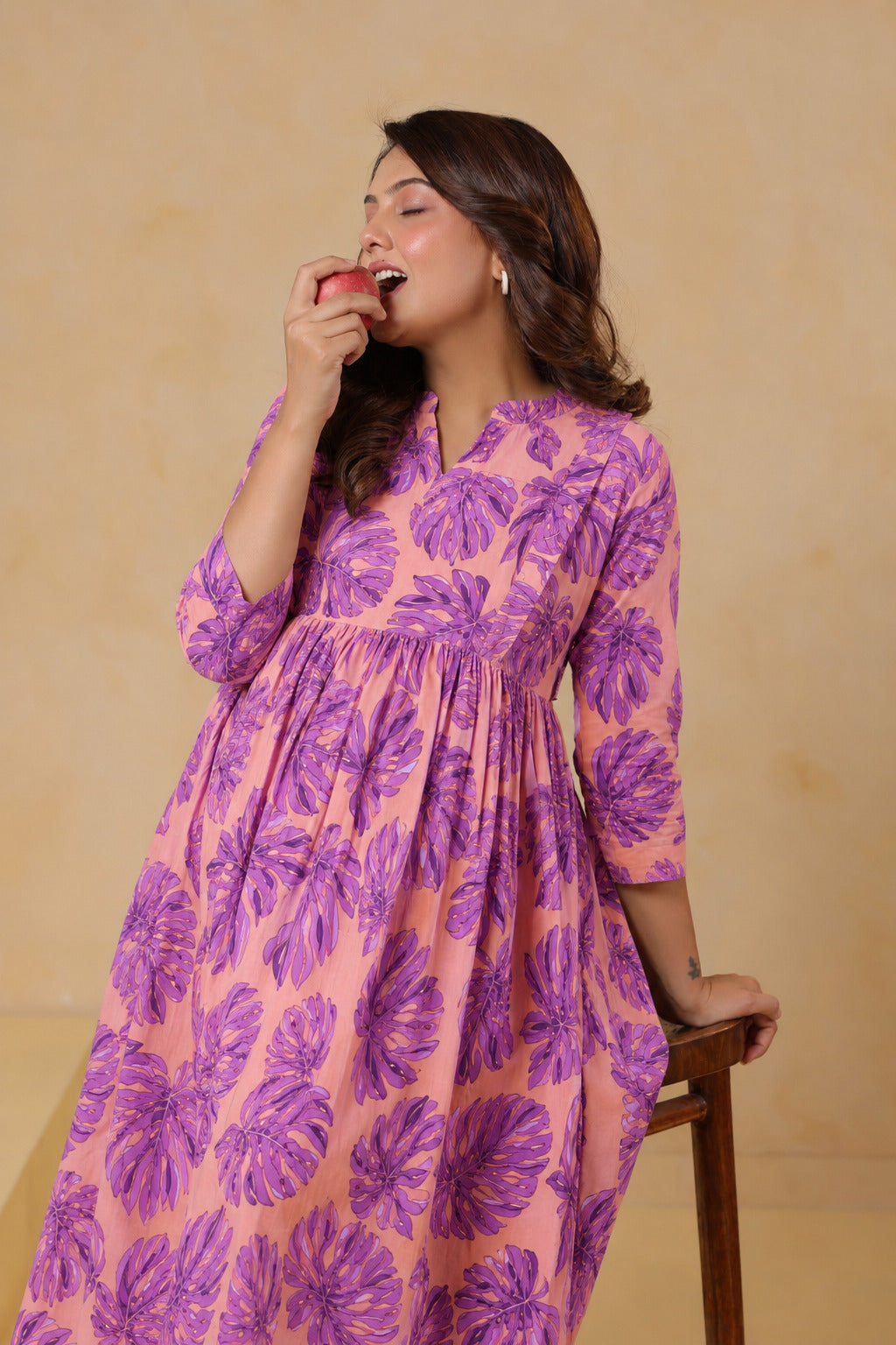 Tropical Violet Palm Cotton Maternity - Nursing Kurti