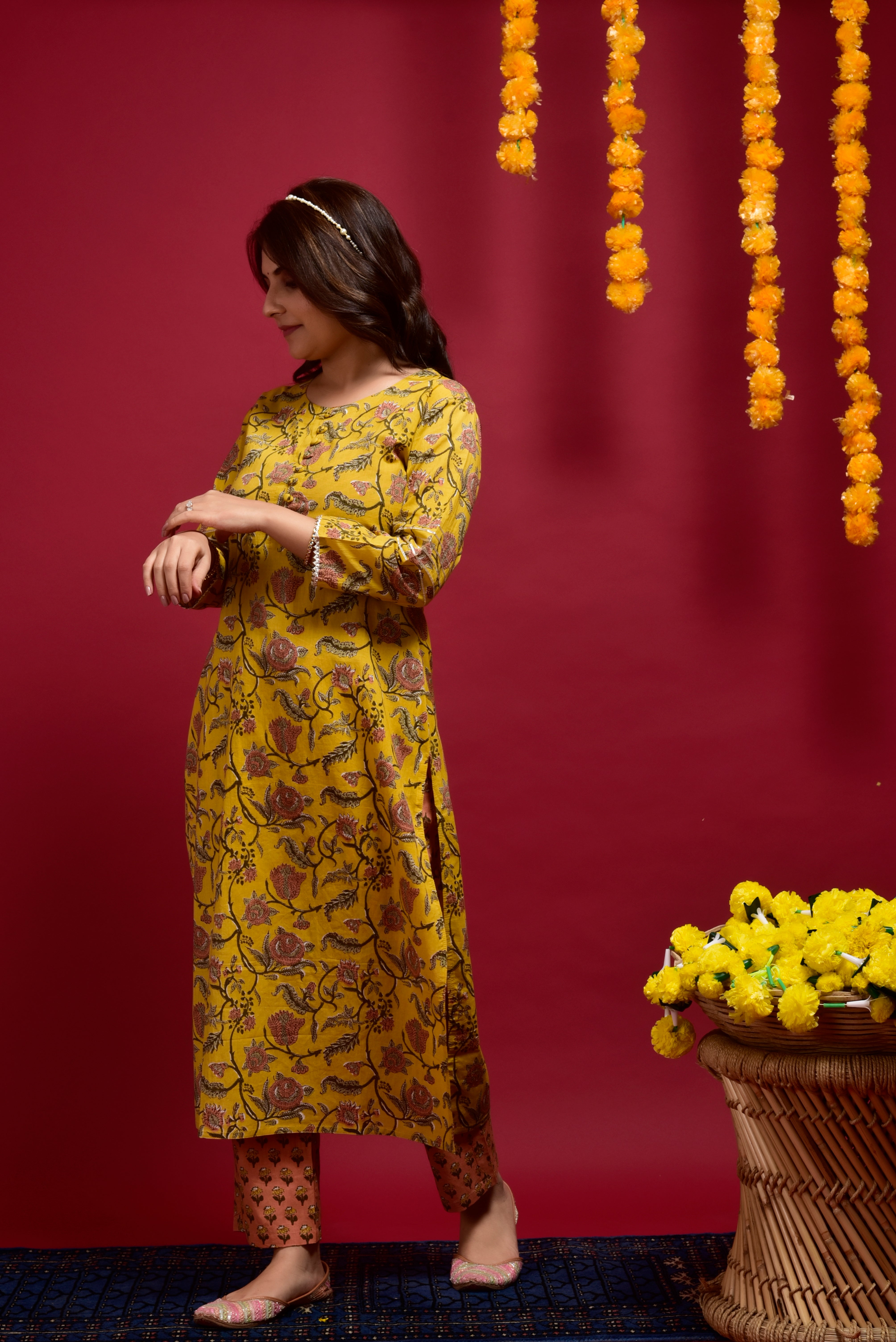 Goldenrod Jaal Cotton Kurta Pant Set