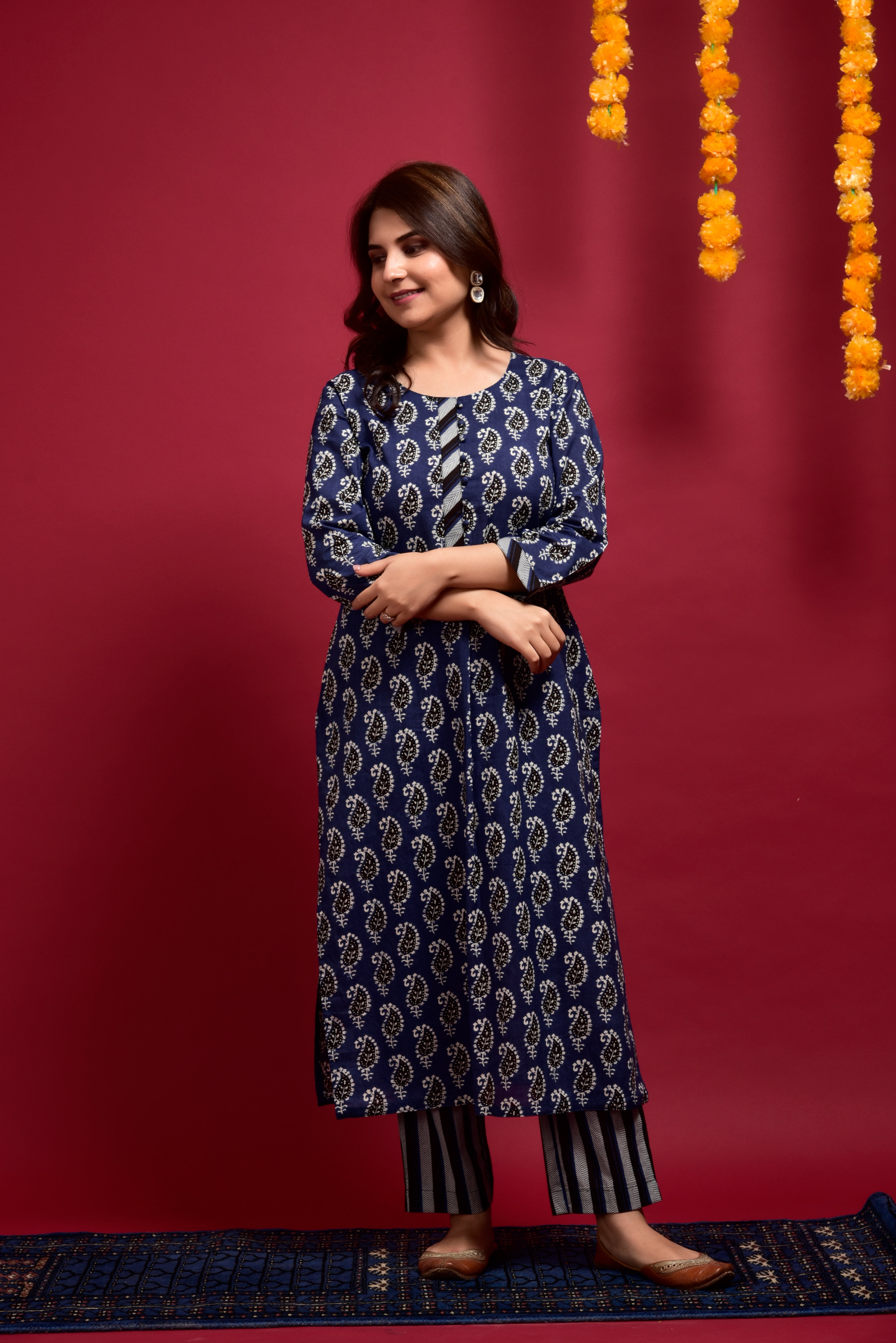 Indigo Dye Boota Cotton Kurta Pant Set