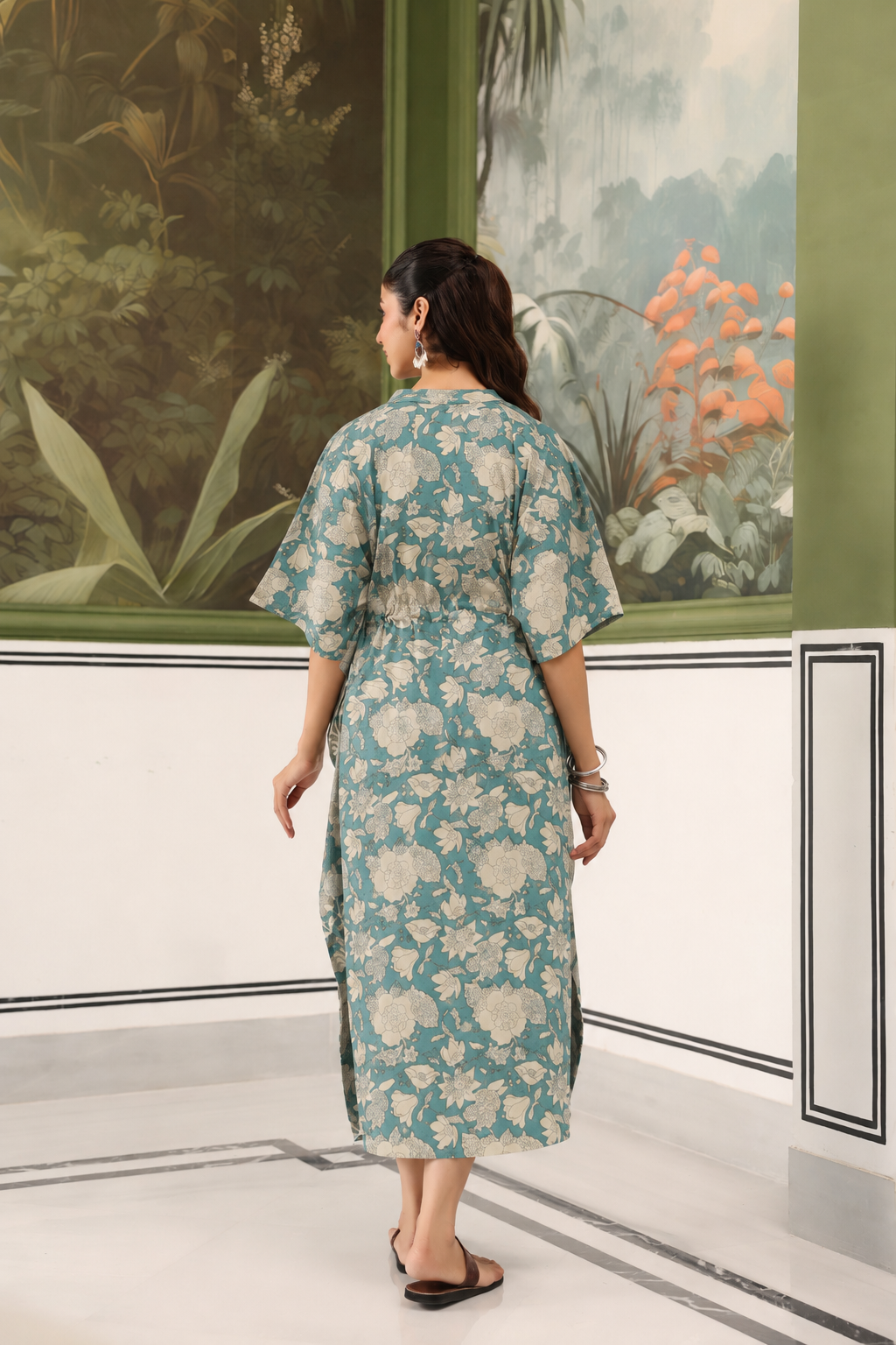 Teal Gardenia Cotton Maternity - Nursing Kaftan ( One-Size )