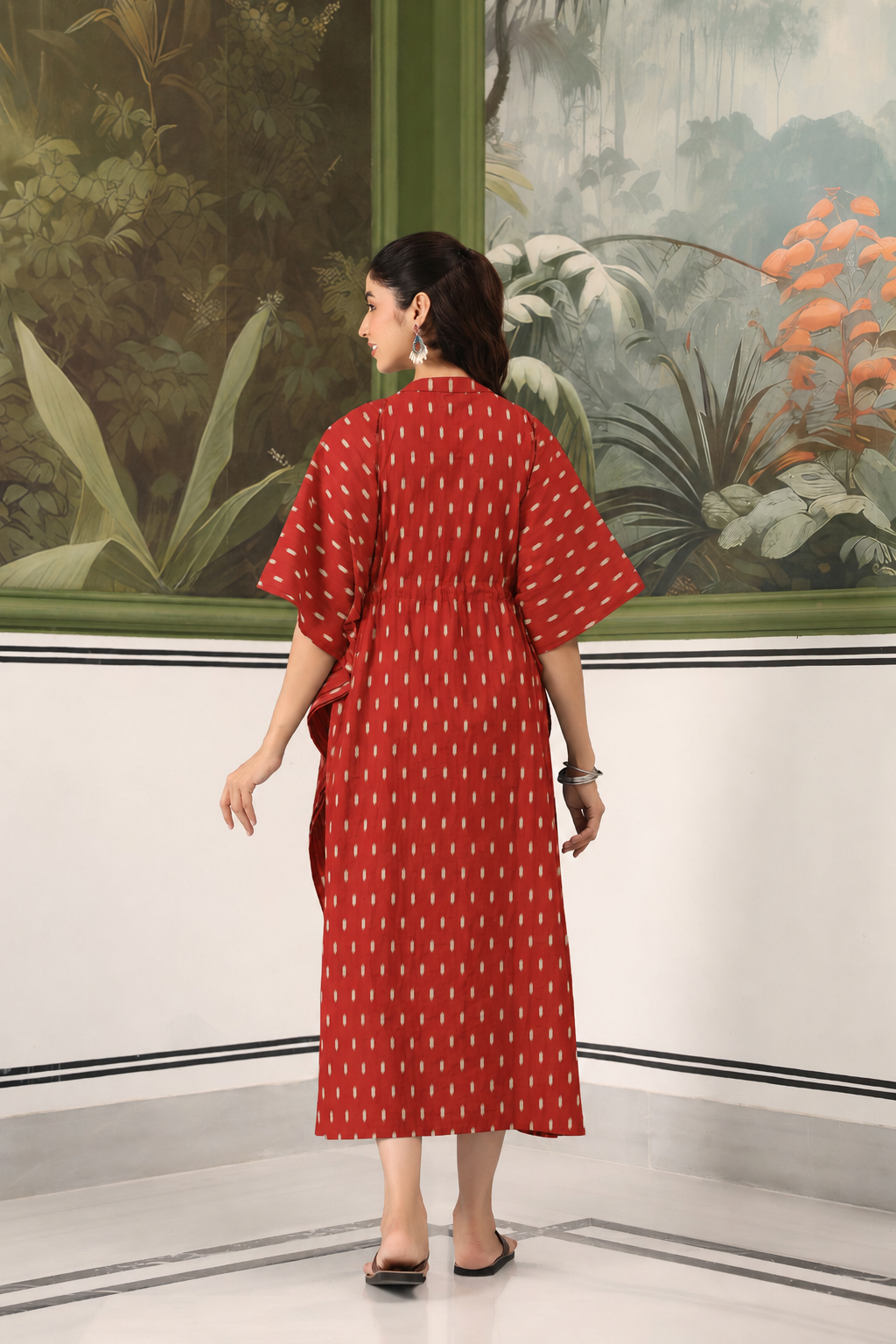 Maroon Loom Print Cotton Maternity - Nursing Kaftan ( One-Size )