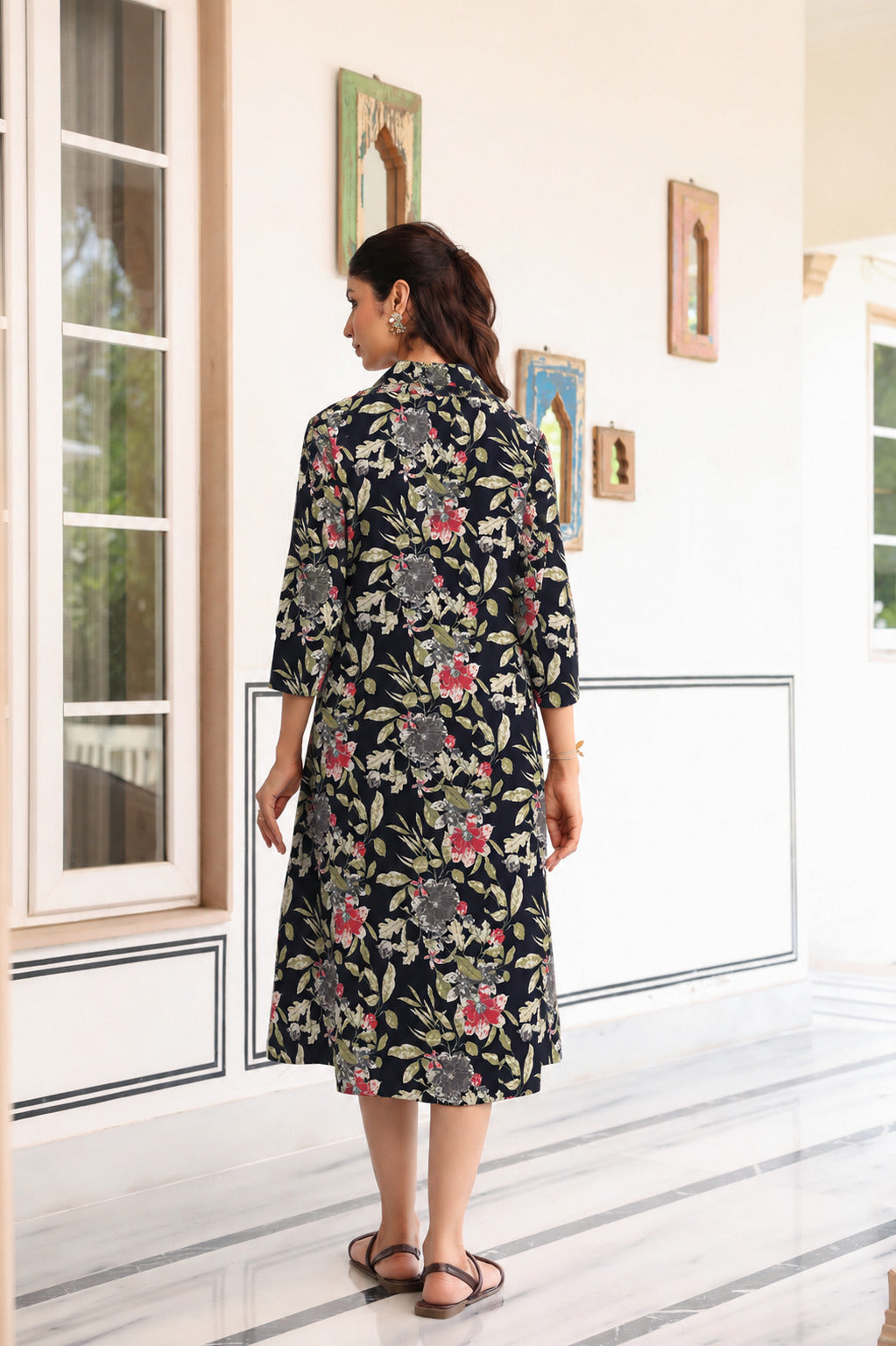 Black Garden Bloom Cotton Maternity - Nursing Dress