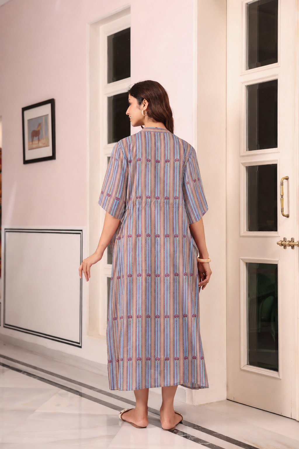 Azure Ajrakh Lines Cotton Kaftan ( One-Size )