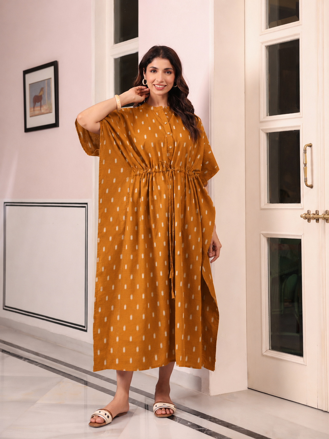Mustard Loom Print Cotton Kaftan ( One-Size )