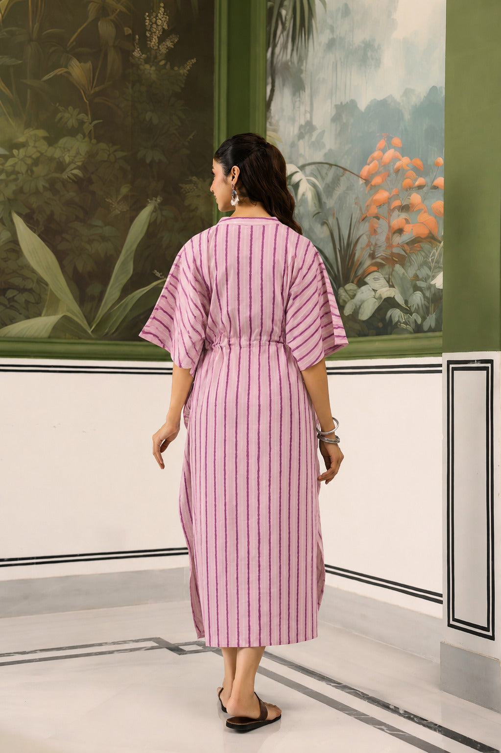 Lilac Dream Striped Cotton Maternity - Nursing Kaftan ( One-Size )